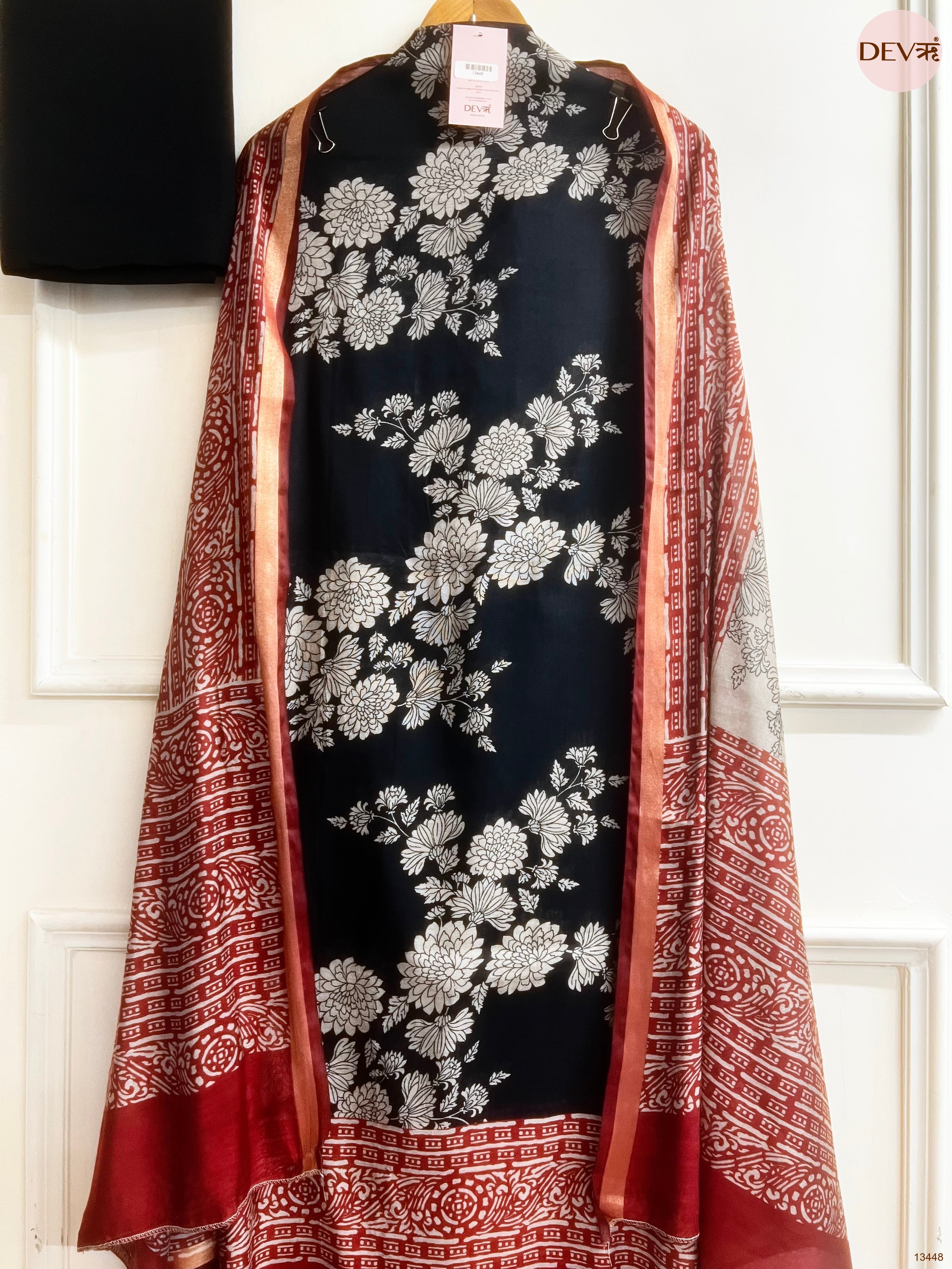 Black Maheshwari Silk Printed Unstitched 3-Piece Suit (Devri – D.No 13448)
