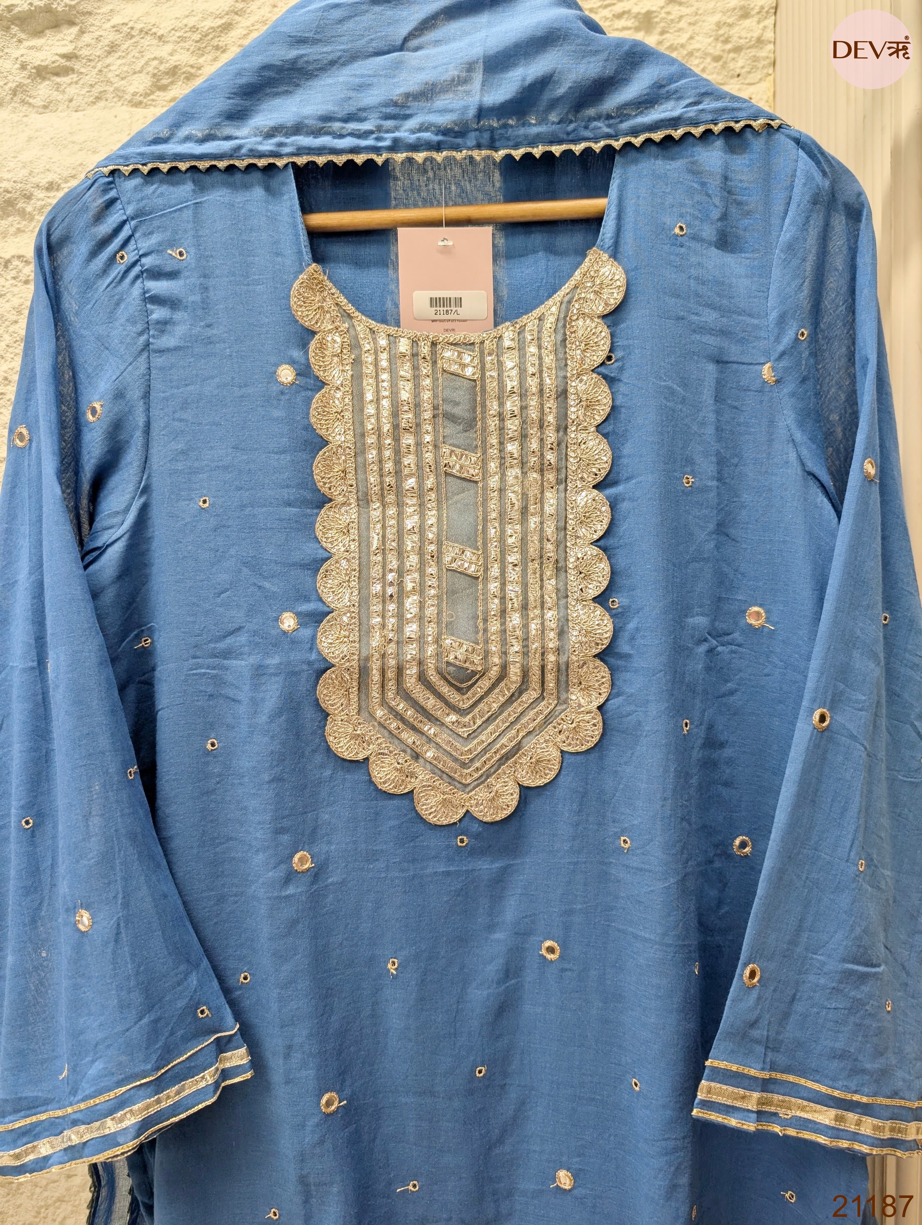 Neelika Pure mul cotton Embroidered Blue 3-Piece Set (Devri – D.No 21187)