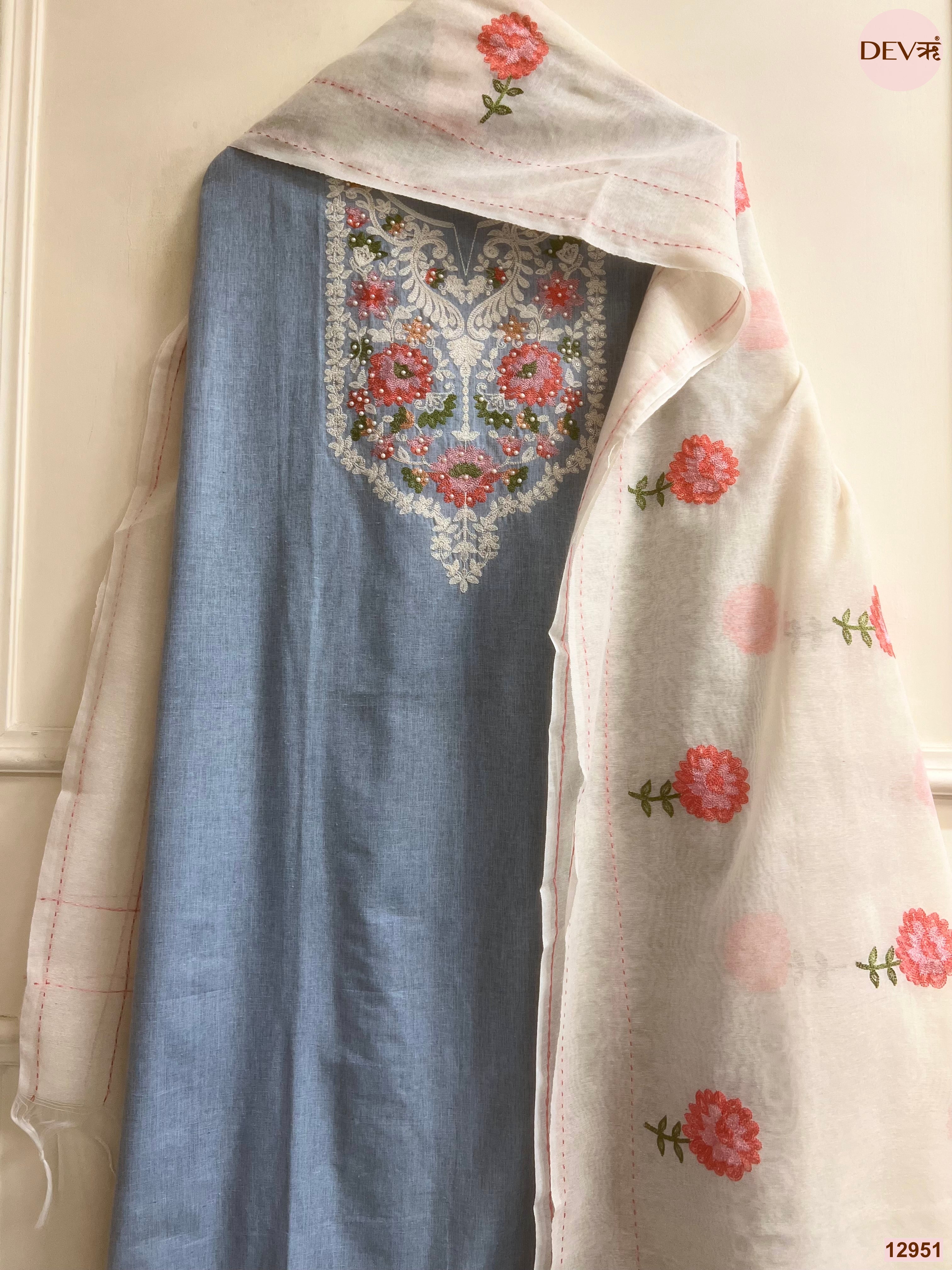 Blue Cotton Handloom Embroidered Unstitched 3-Piece Suit (Devri – D.No 12951)