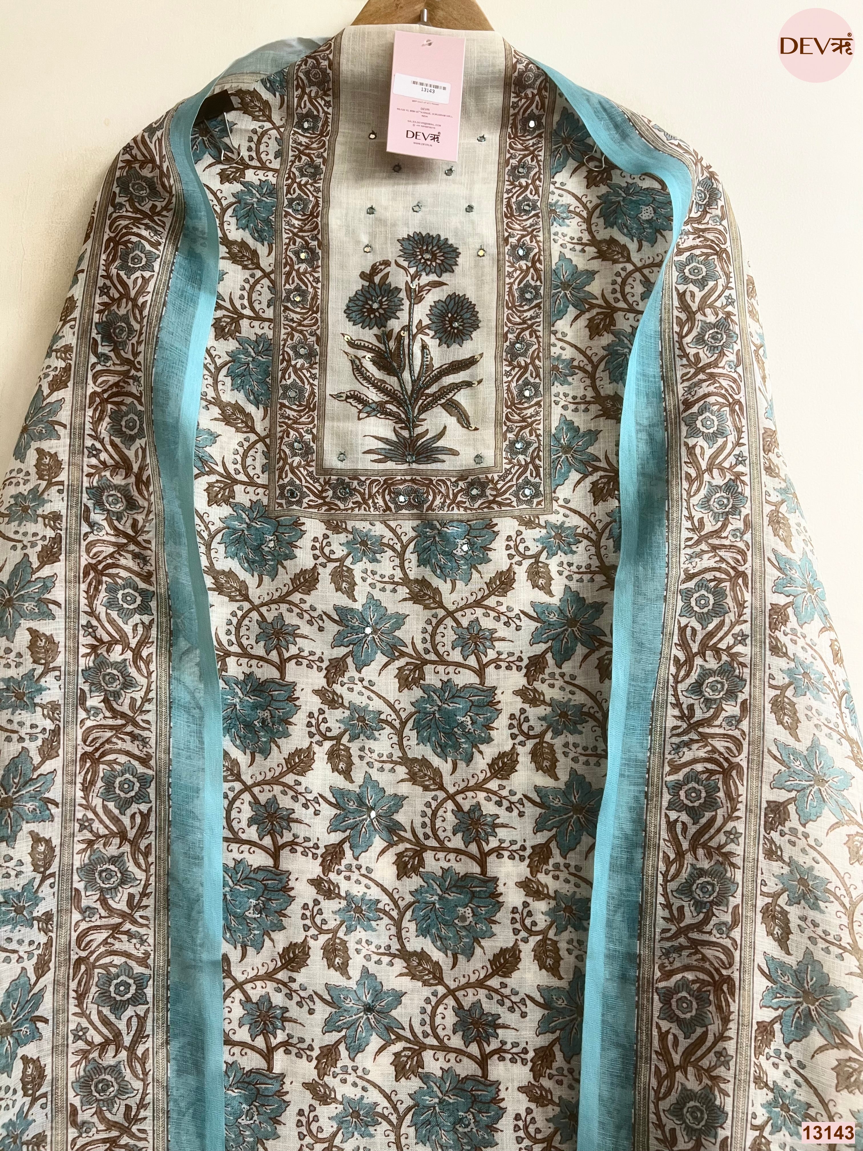 Teal Linen Printed Unstitched 3-Piece Suit (Devri – D.No 13143)