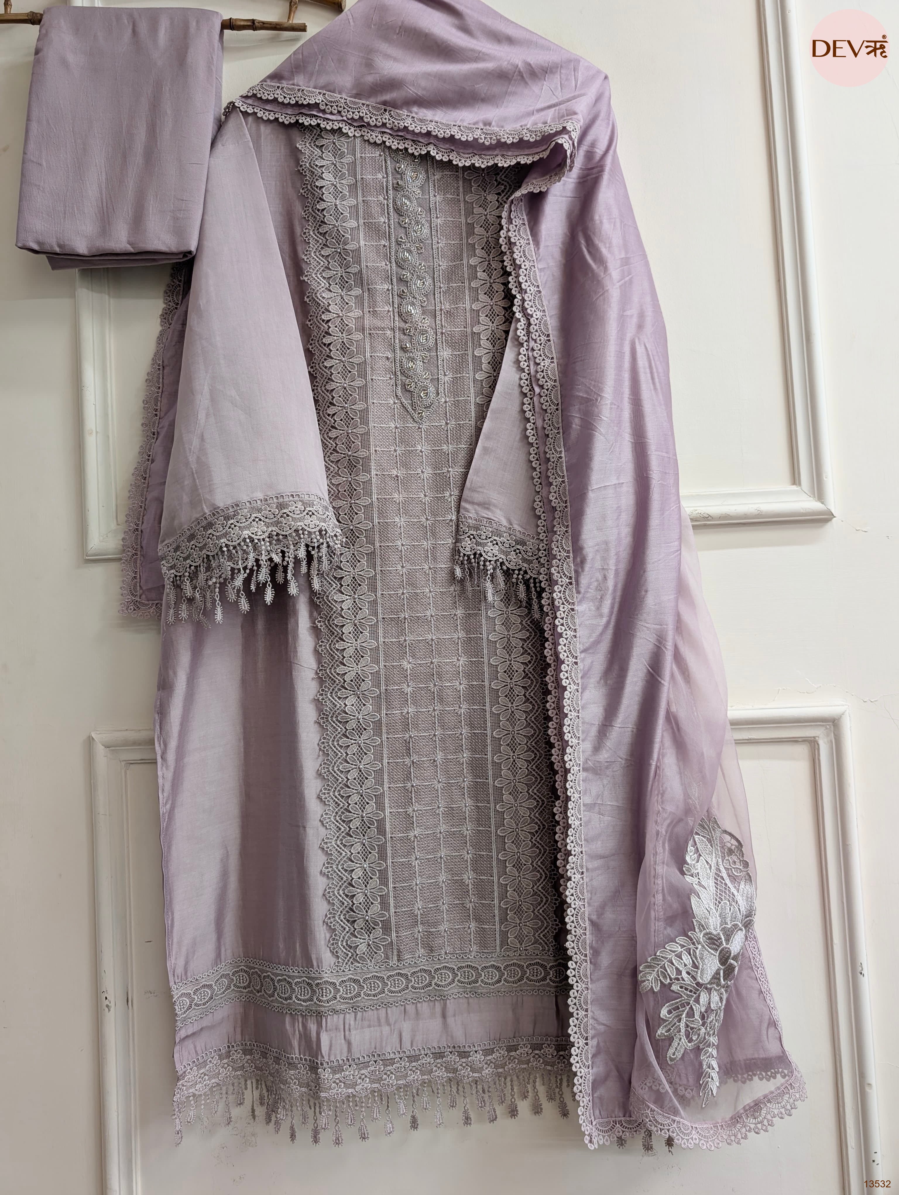 Lilac Modal Silk Embroidered Unstitched 3-Piece Suit (Devri – D.No 13532)
