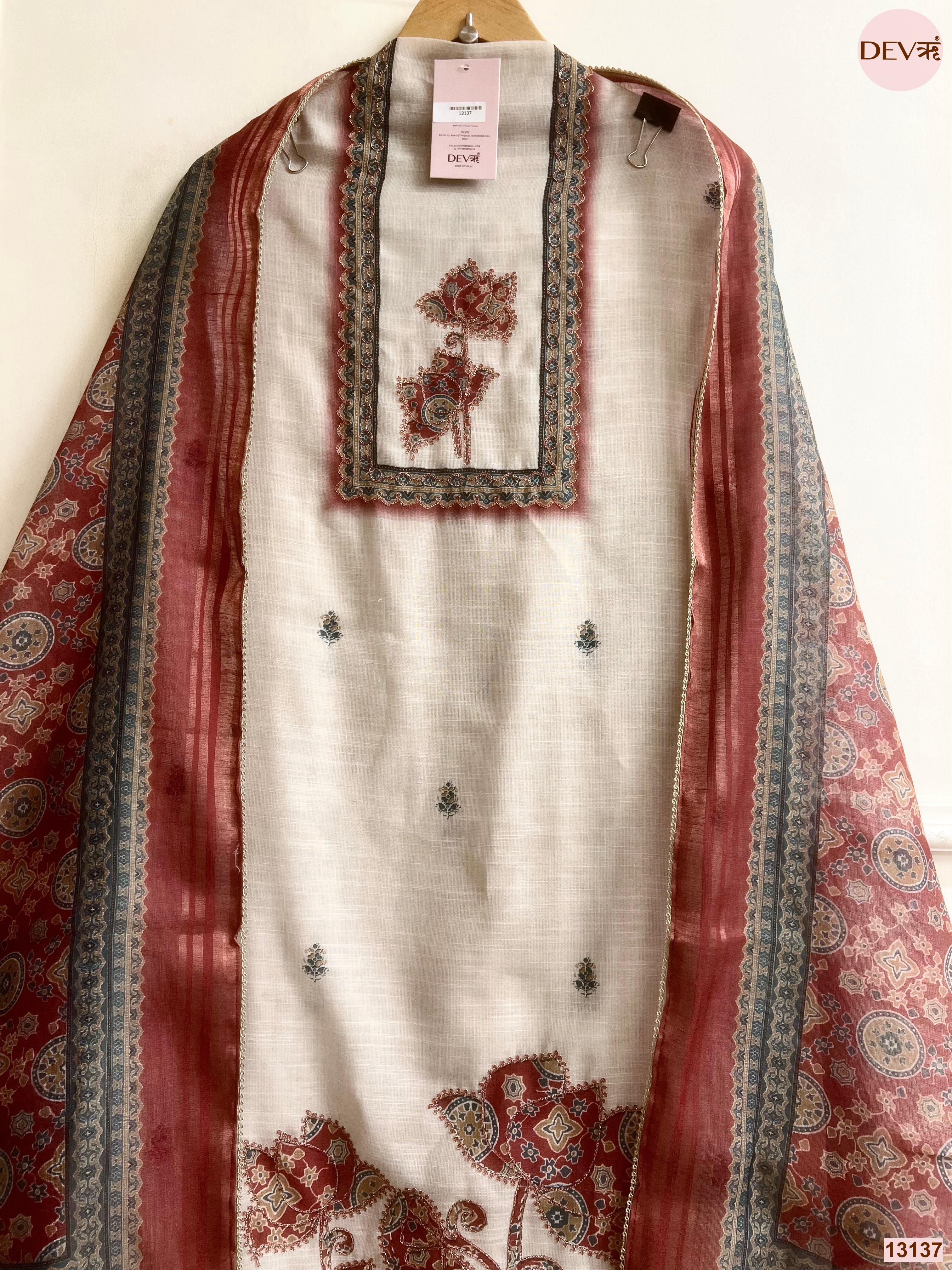 Cream Linen Printed Unstitched 3-Piece Suit (Devri – D.No 13137)