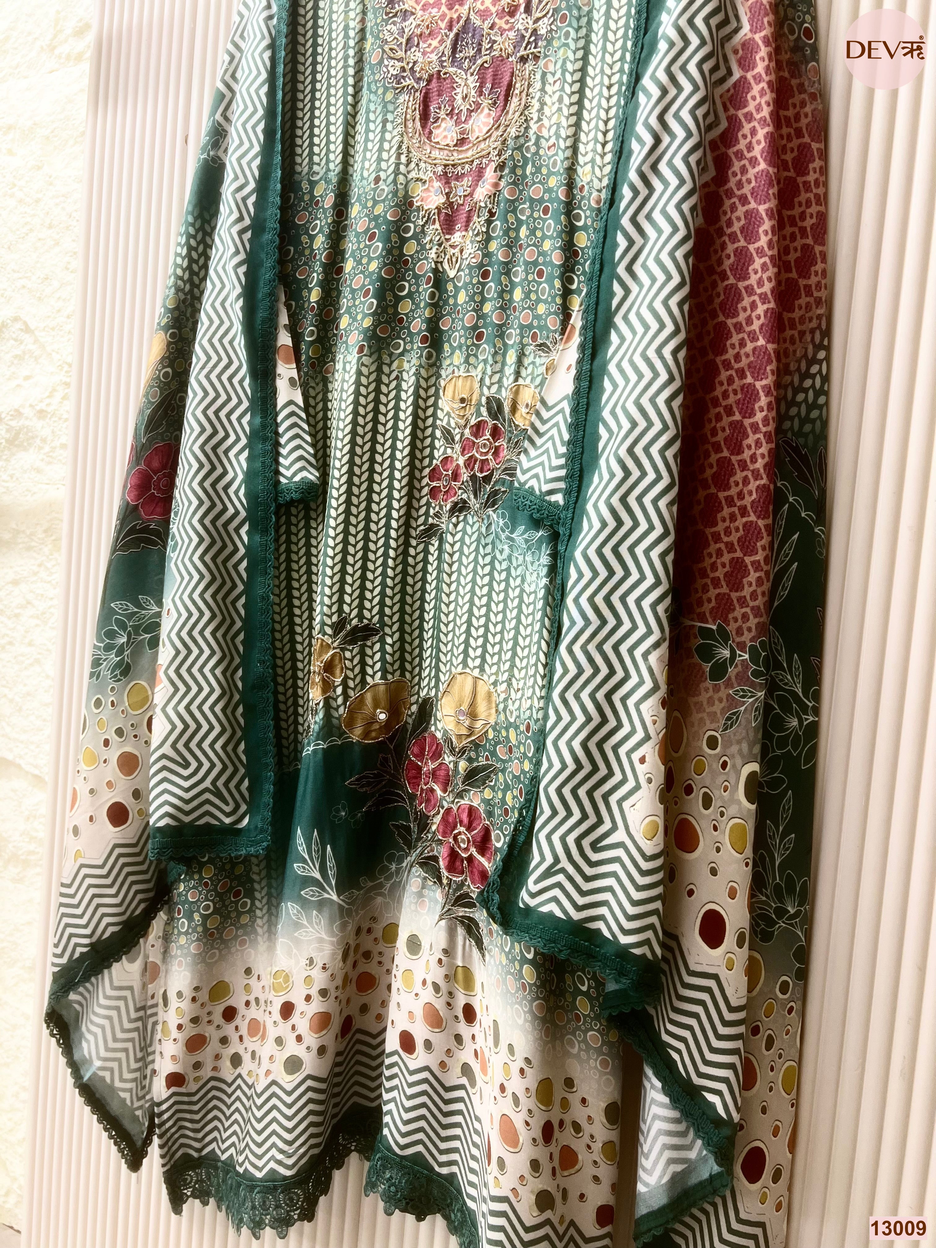 Green Muslin Printed Unstitched 3-Piece Suit (Devri – D.No 13009)