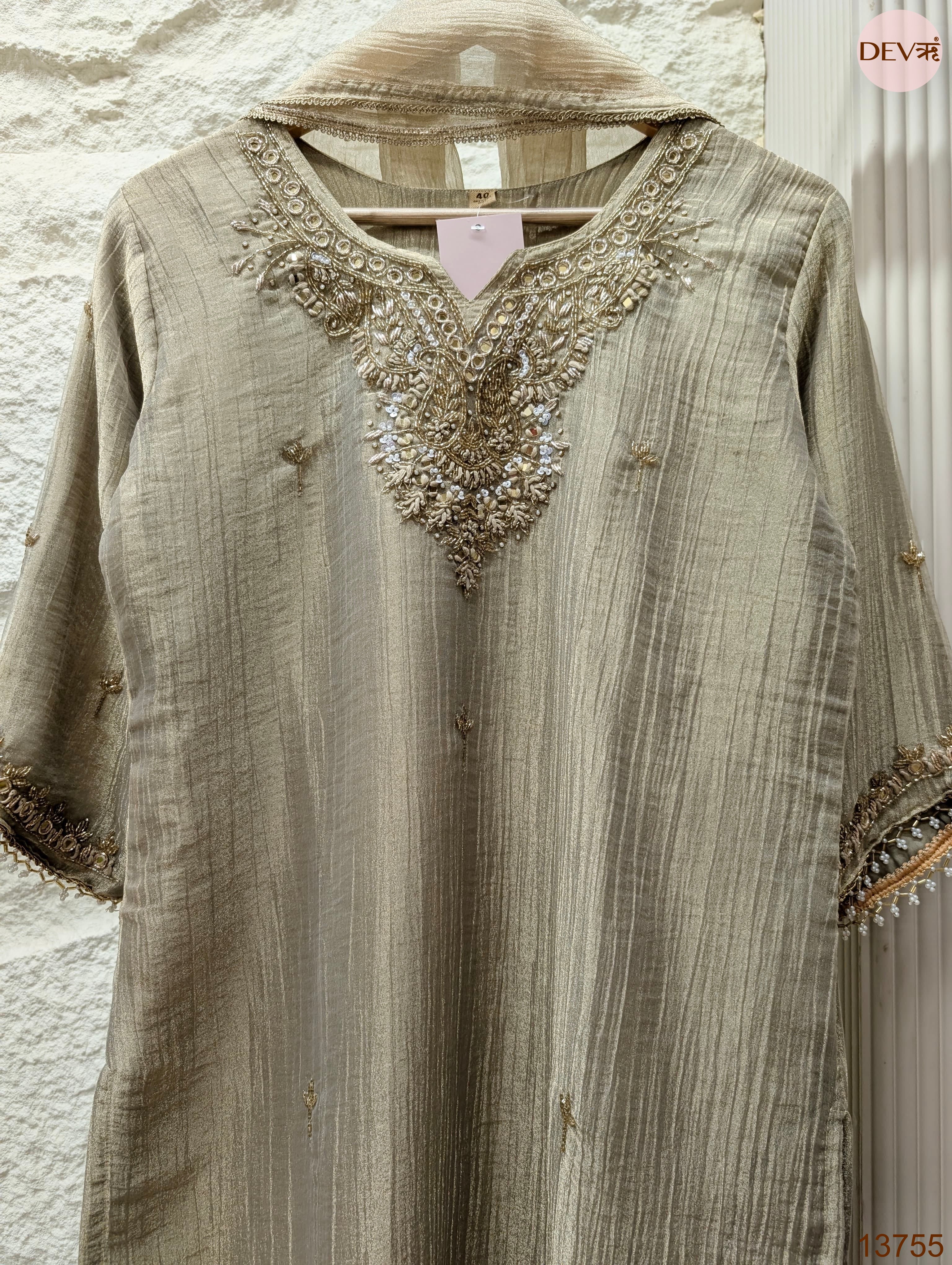 Zareen Tissue crush silk Embroidered Beige 3-Piece Set (Devri – D.No 13755)