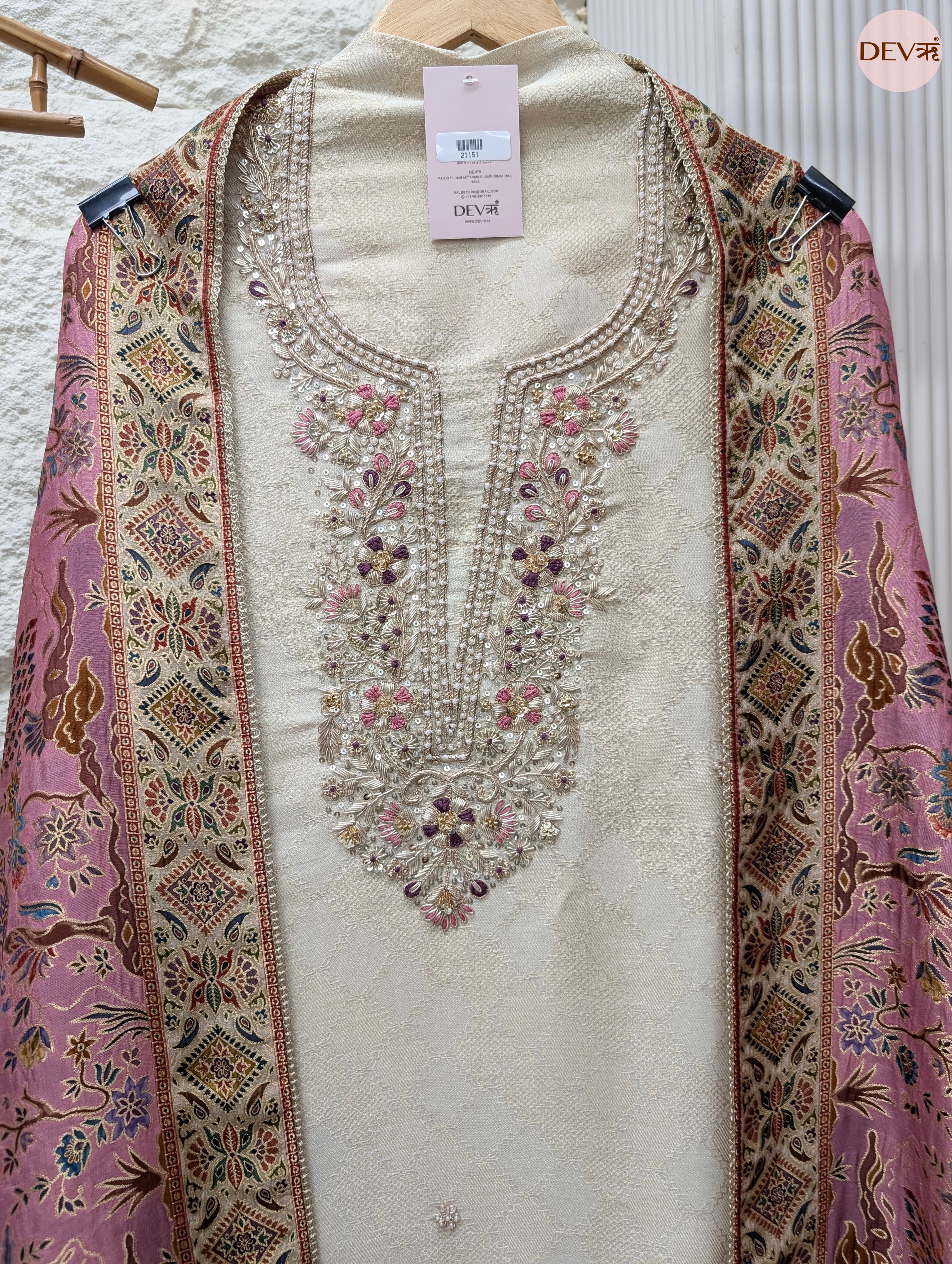 Cream Pure Banarasi Woven Silk Embroidered Unstitched 3-Piece Suit (Devri – D.No 21151)