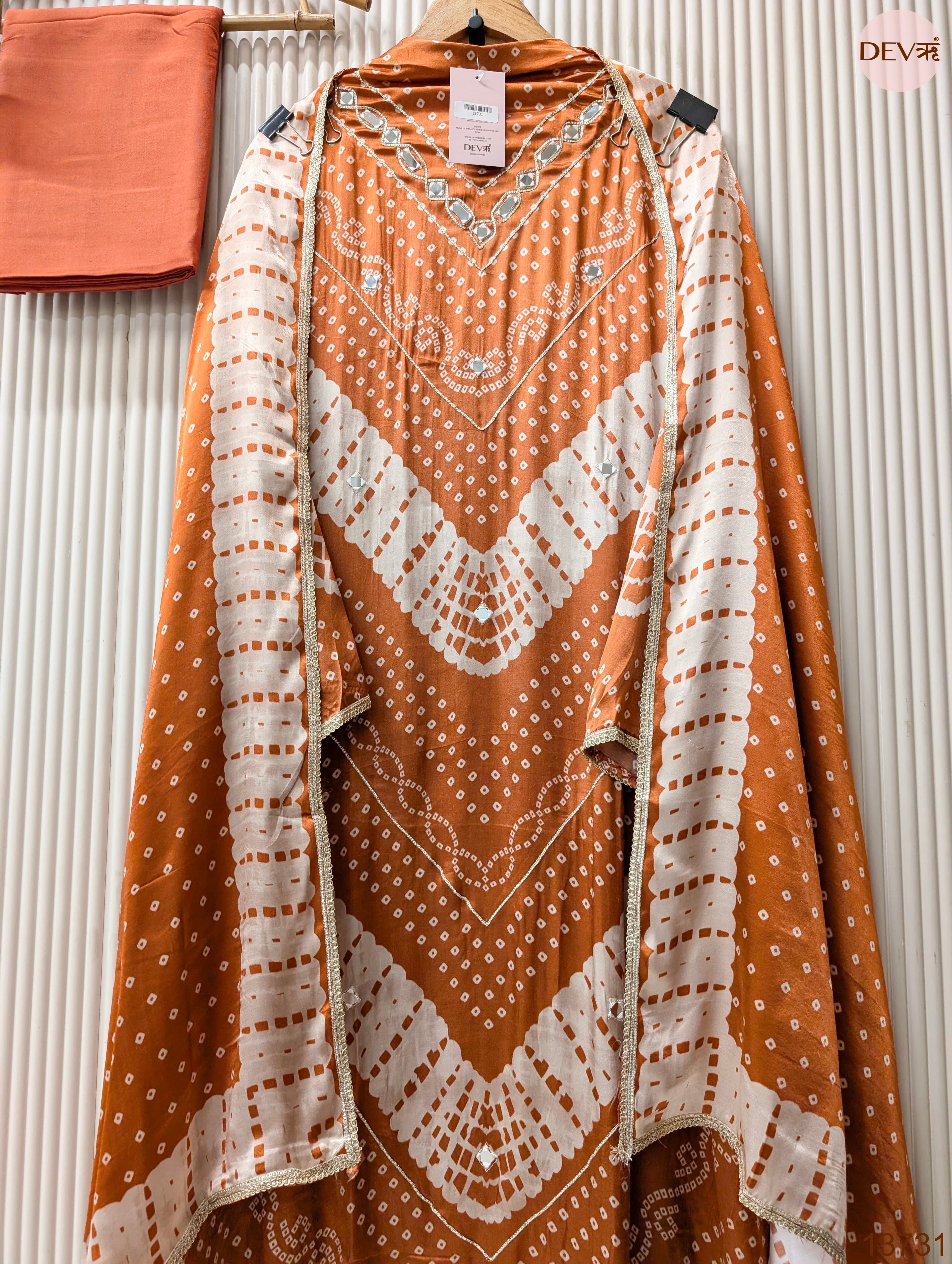 Orange Gajji Silk Printed Unstitched 3-Piece Suit (Devri – D.No 13731)