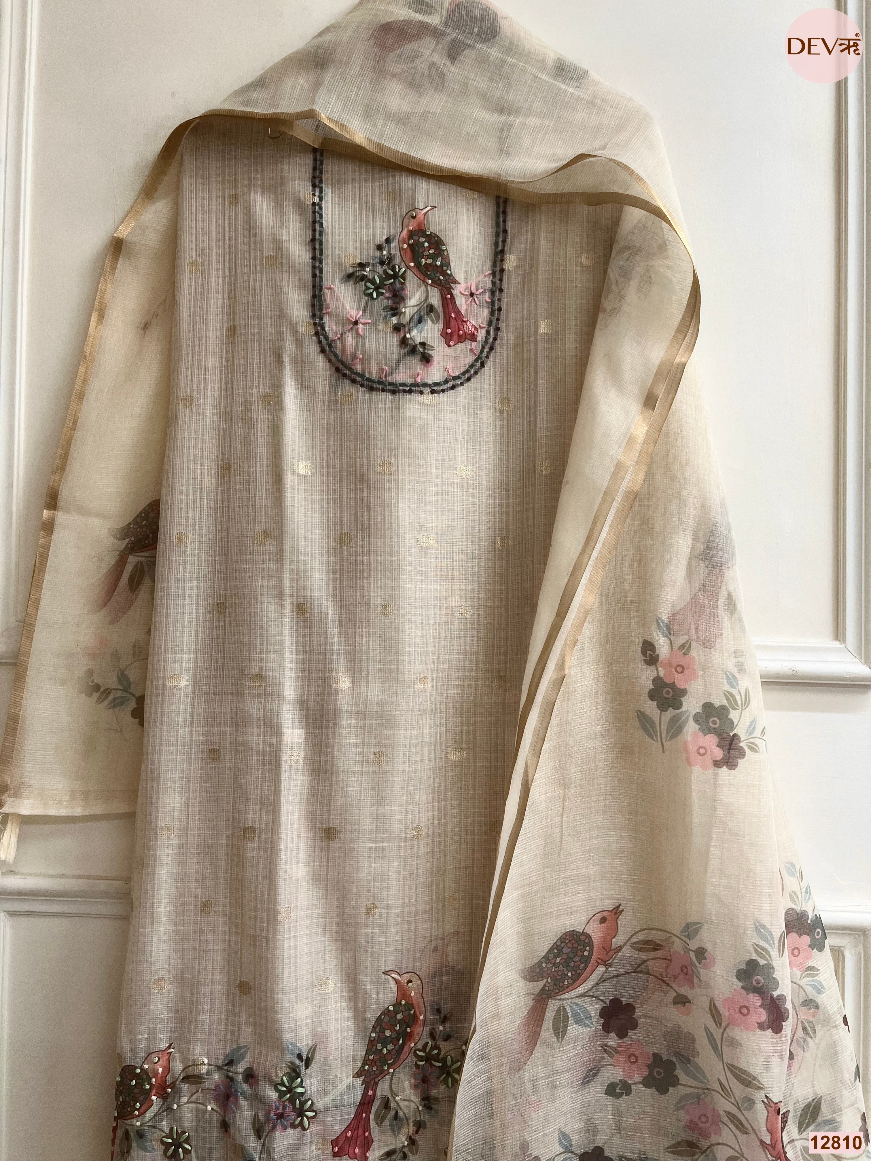 Cream Kota Printed Unstitched 3-Piece Suit (Devri – D.No 12810)