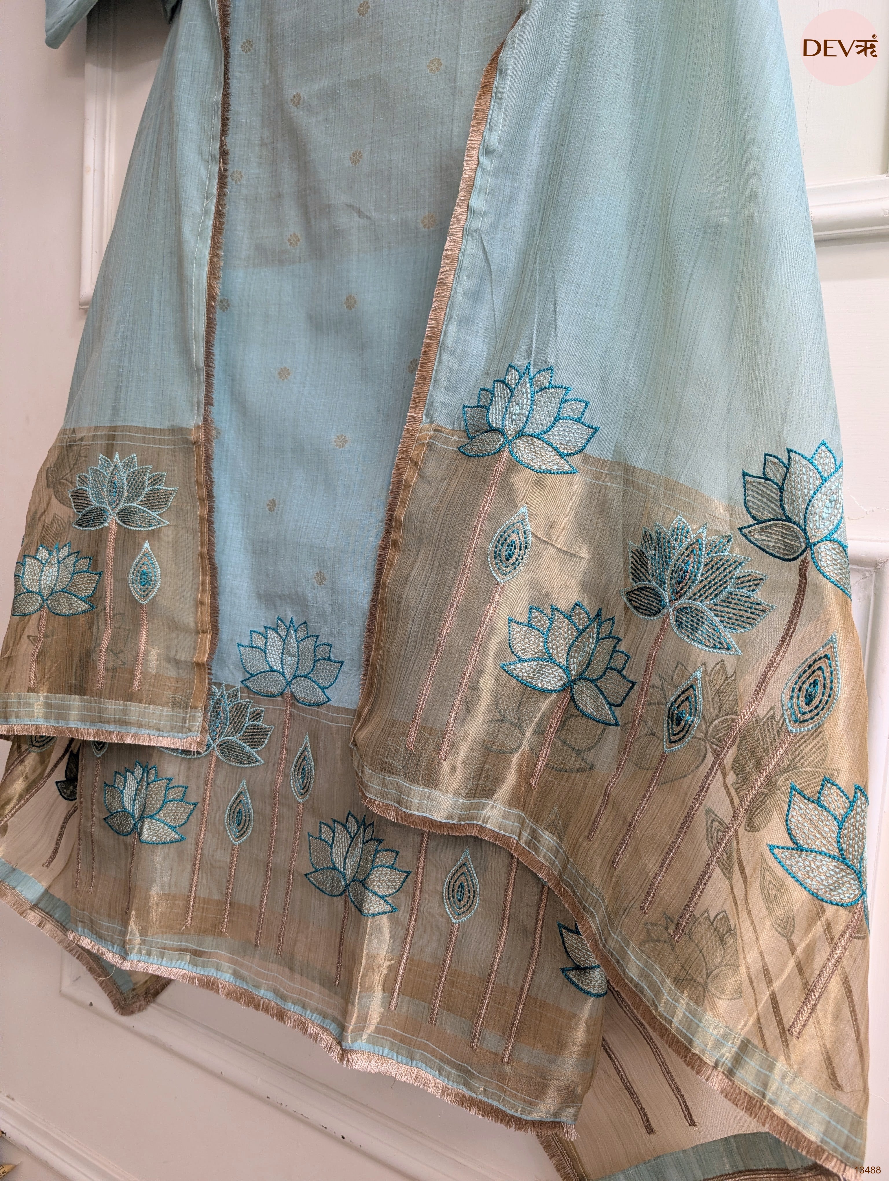 Blue Banarashi Silk Embroidered Unstitched 3-Piece Suit (Devri – D.No 13488)