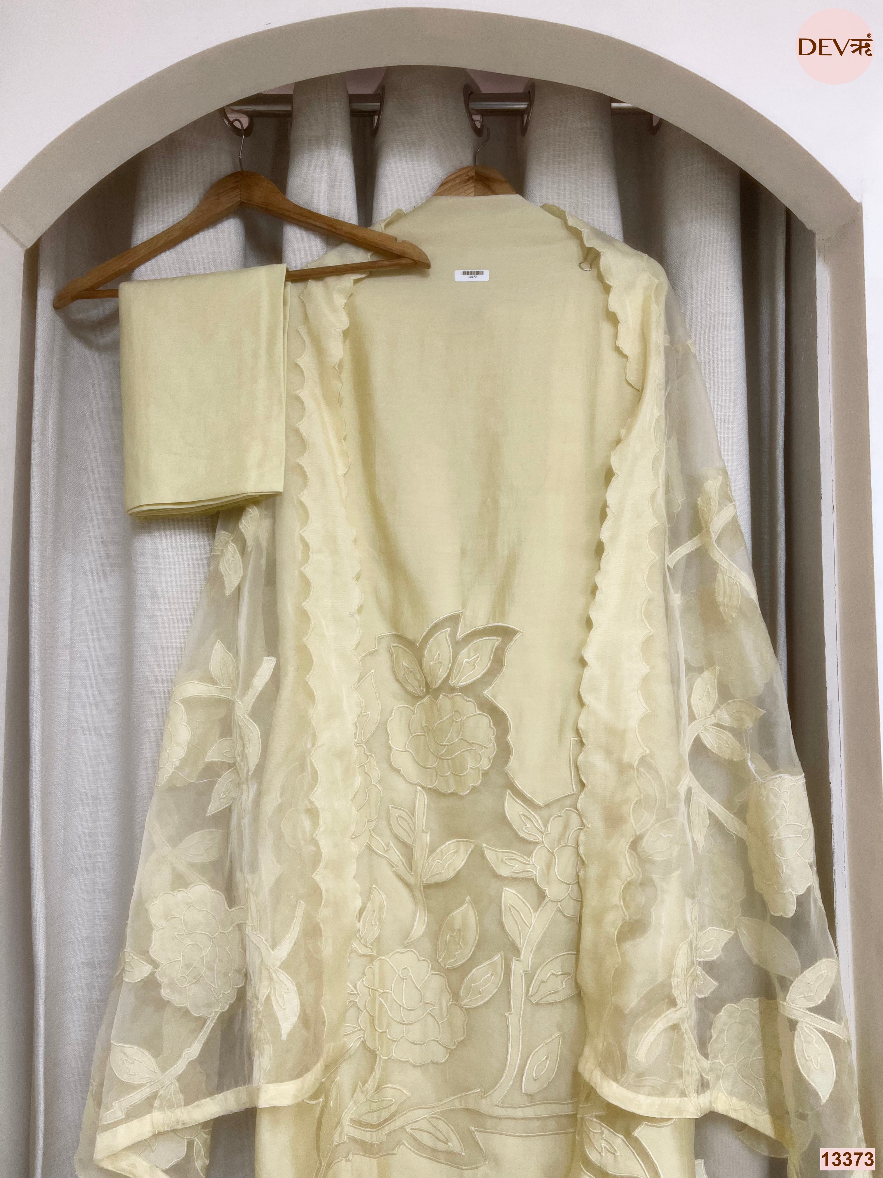 Yellow Roman Silk Embroidered Unstitched 3-Piece Suit (Devri – D.No 13373)