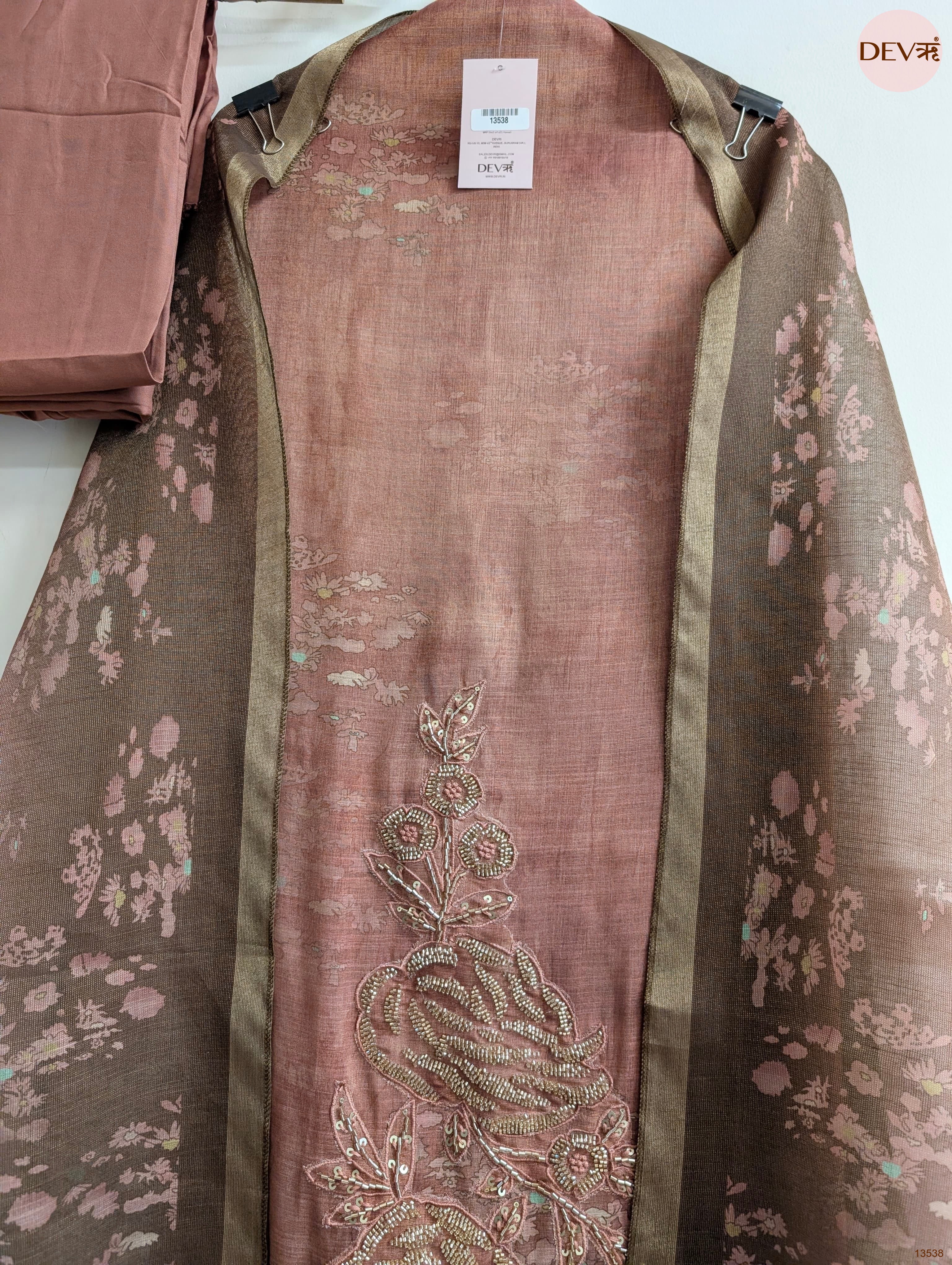 Brown Linen Cotton Printed Unstitched 3-Piece Suit (Devri – D.No 13538)