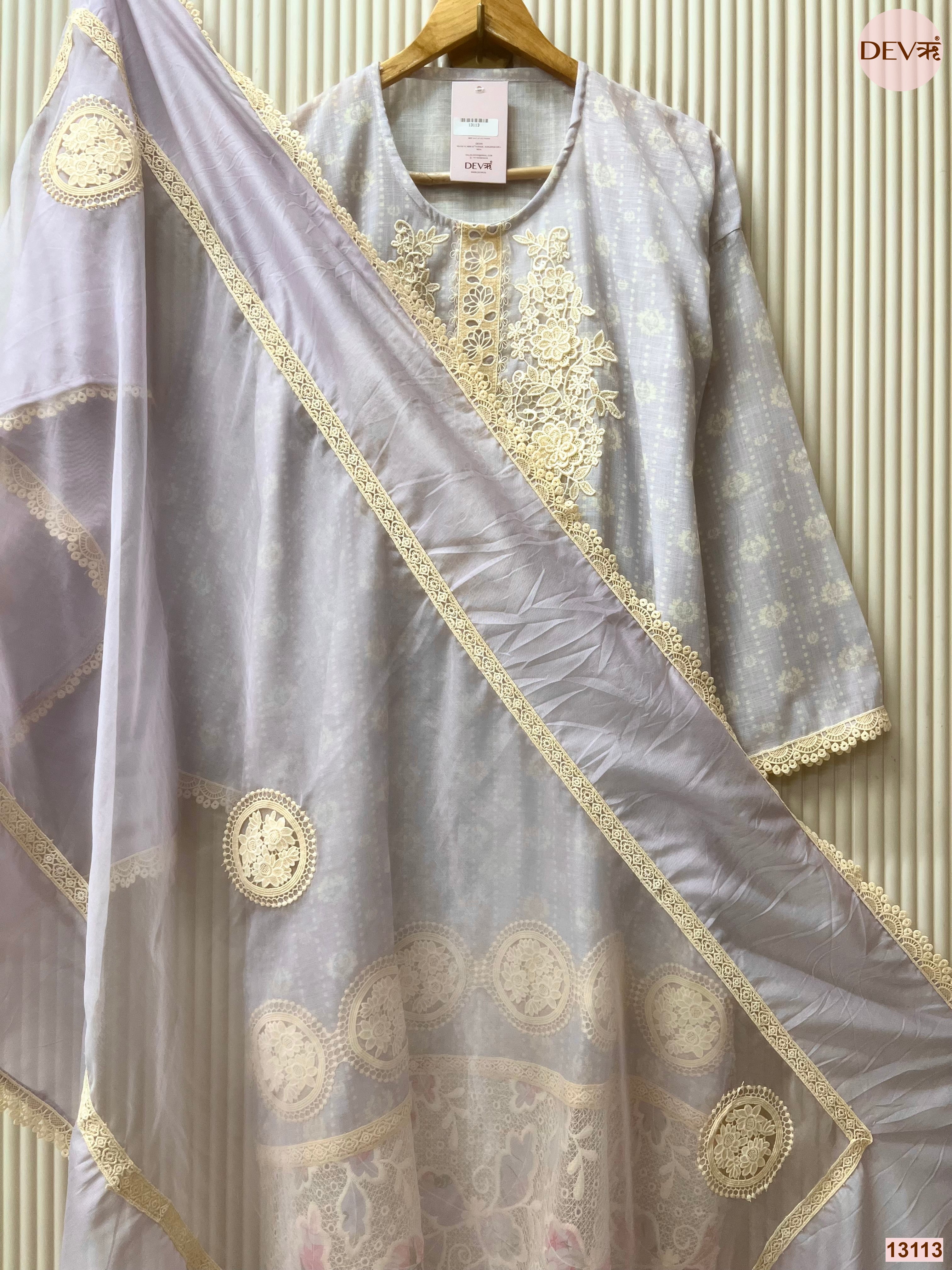 Lavender Linen Cotton Embroidered Unstitched 3-Piece Suit (Devri – D.No 13113)