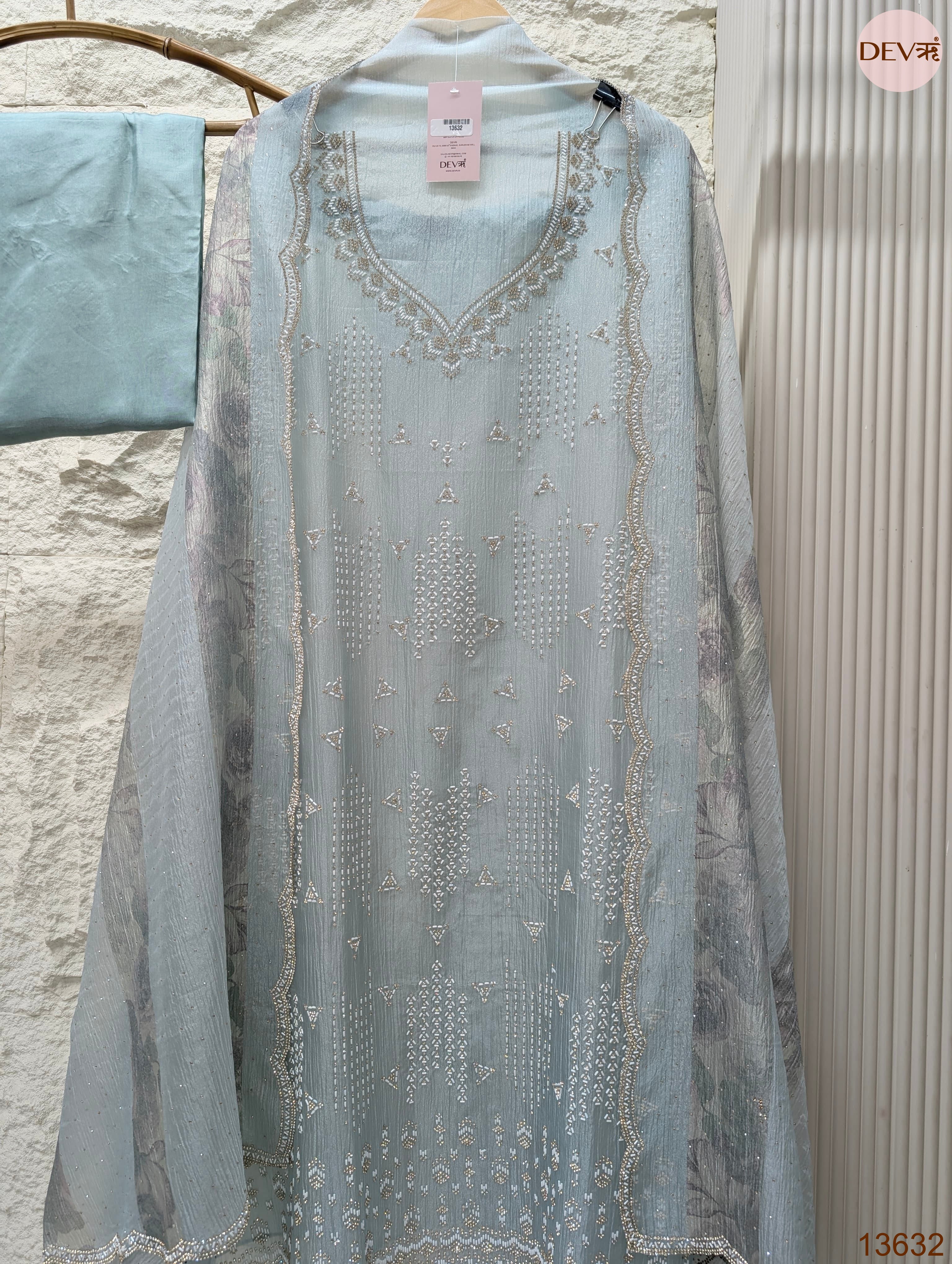 Blue Tissue Crush Silk Embroidered Unstitched 3-Piece Suit (Devri – D.No 13632)