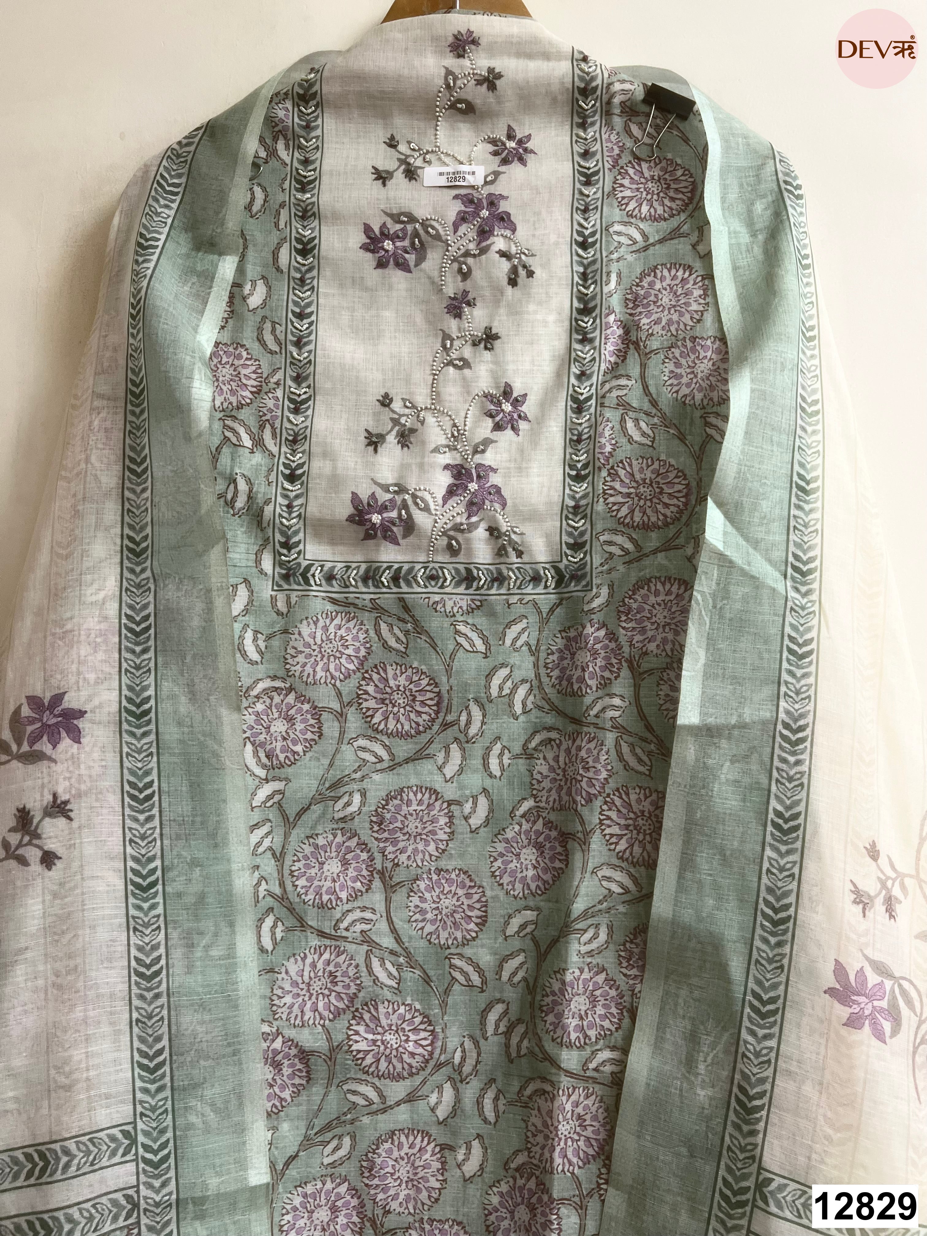 Sage Green Linen Cotton Printed Unstitched 3-Piece Suit (Devri – D.No 12829)