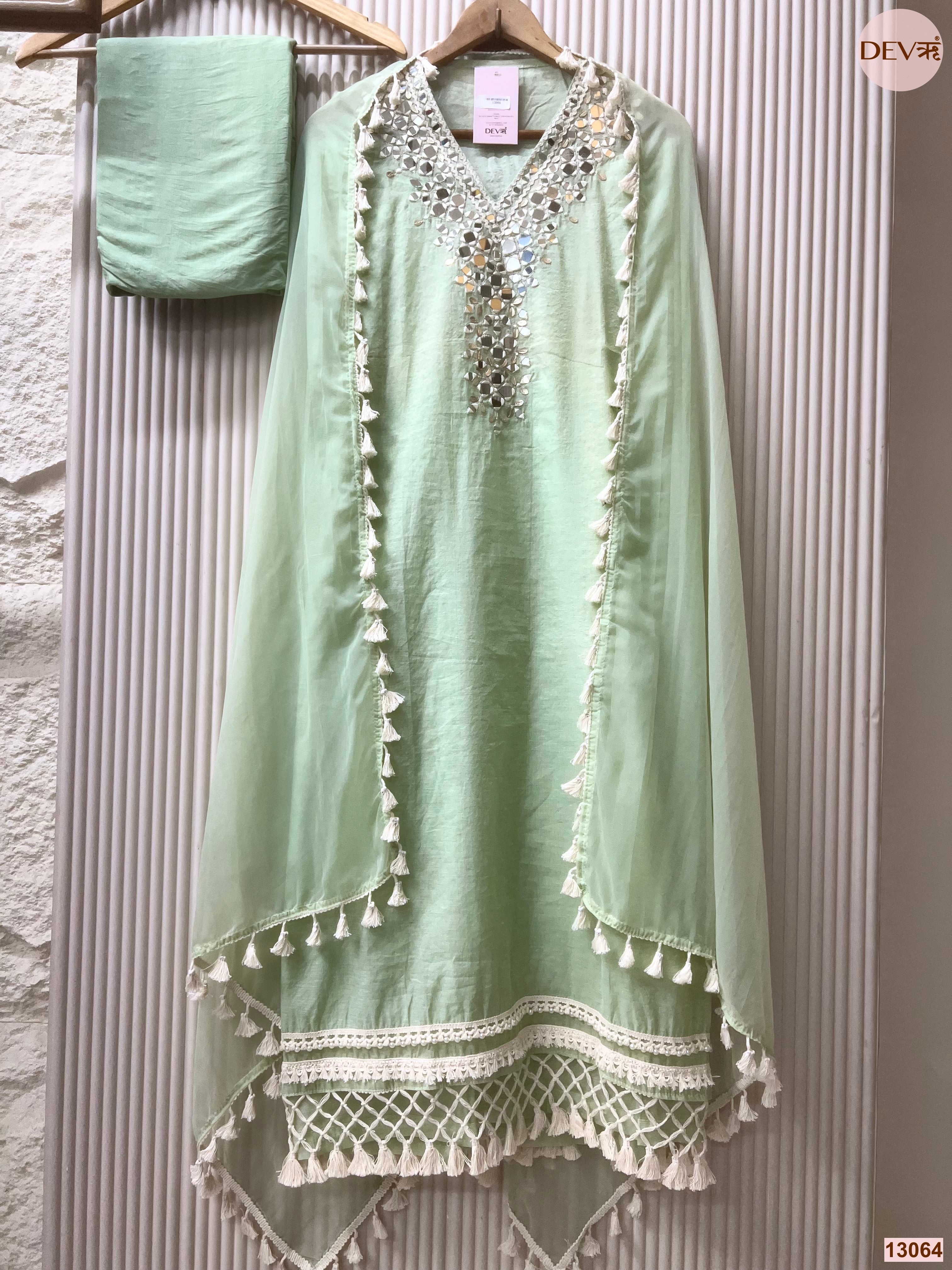 Mint Mul Cotton Hand Unstitched 3-Piece Suit (Devri – D.No 13064)