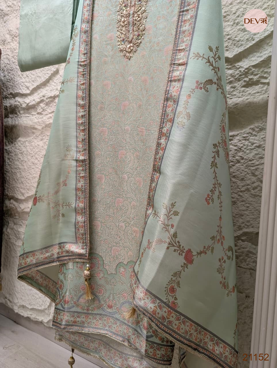 Mint Pure Banarasi Woven Silk Embroidered Unstitched 3-Piece Suit (Devri – D.No 21152)