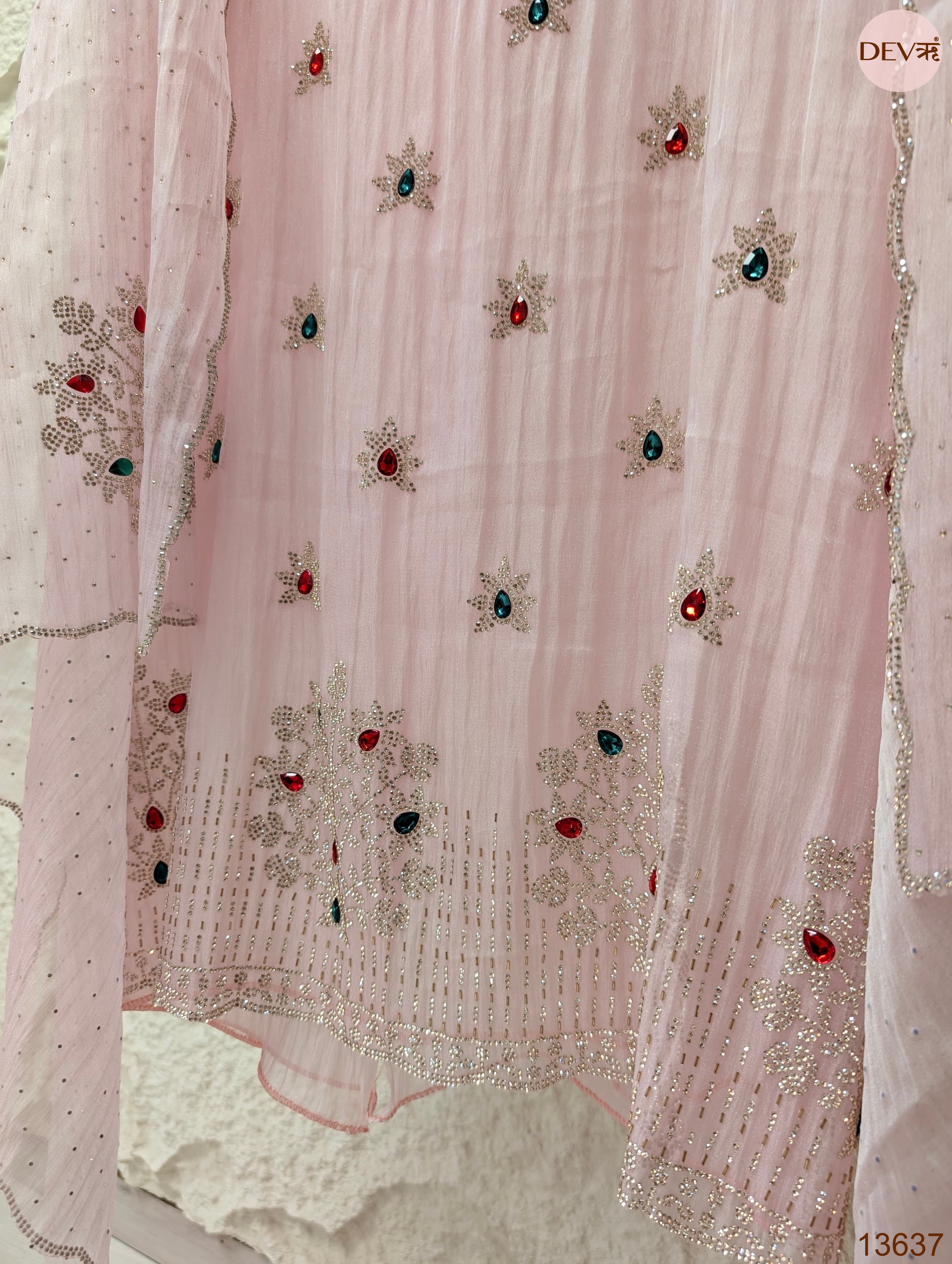 Pink Pure Organza Silk Embroidered Unstitched 3-Piece Suit (Devri – D.No 13637)