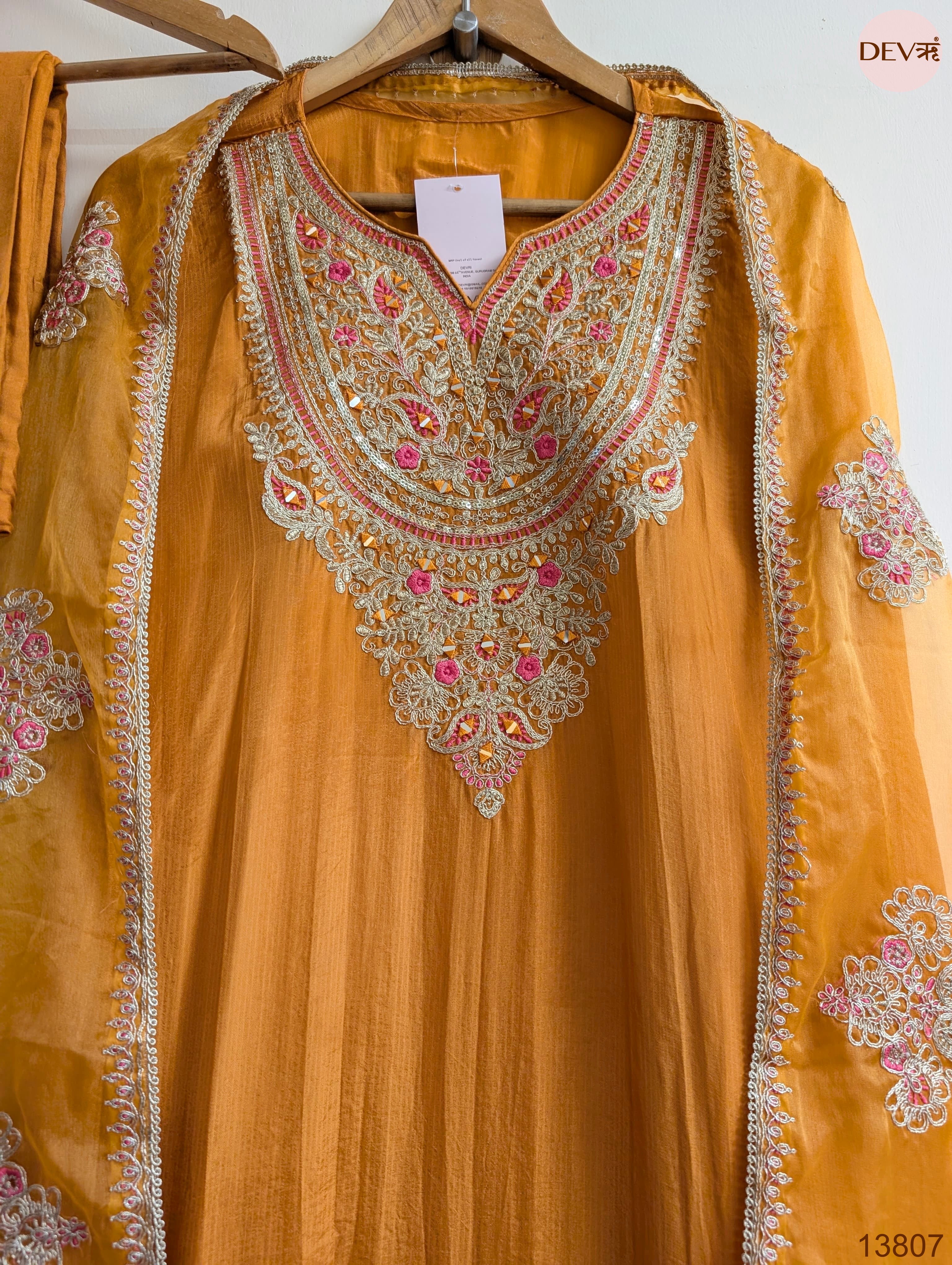 Mustard Tissue Organza Silk Embroidered Unstitched 3-Piece Suit (Devri – D.No 13807)