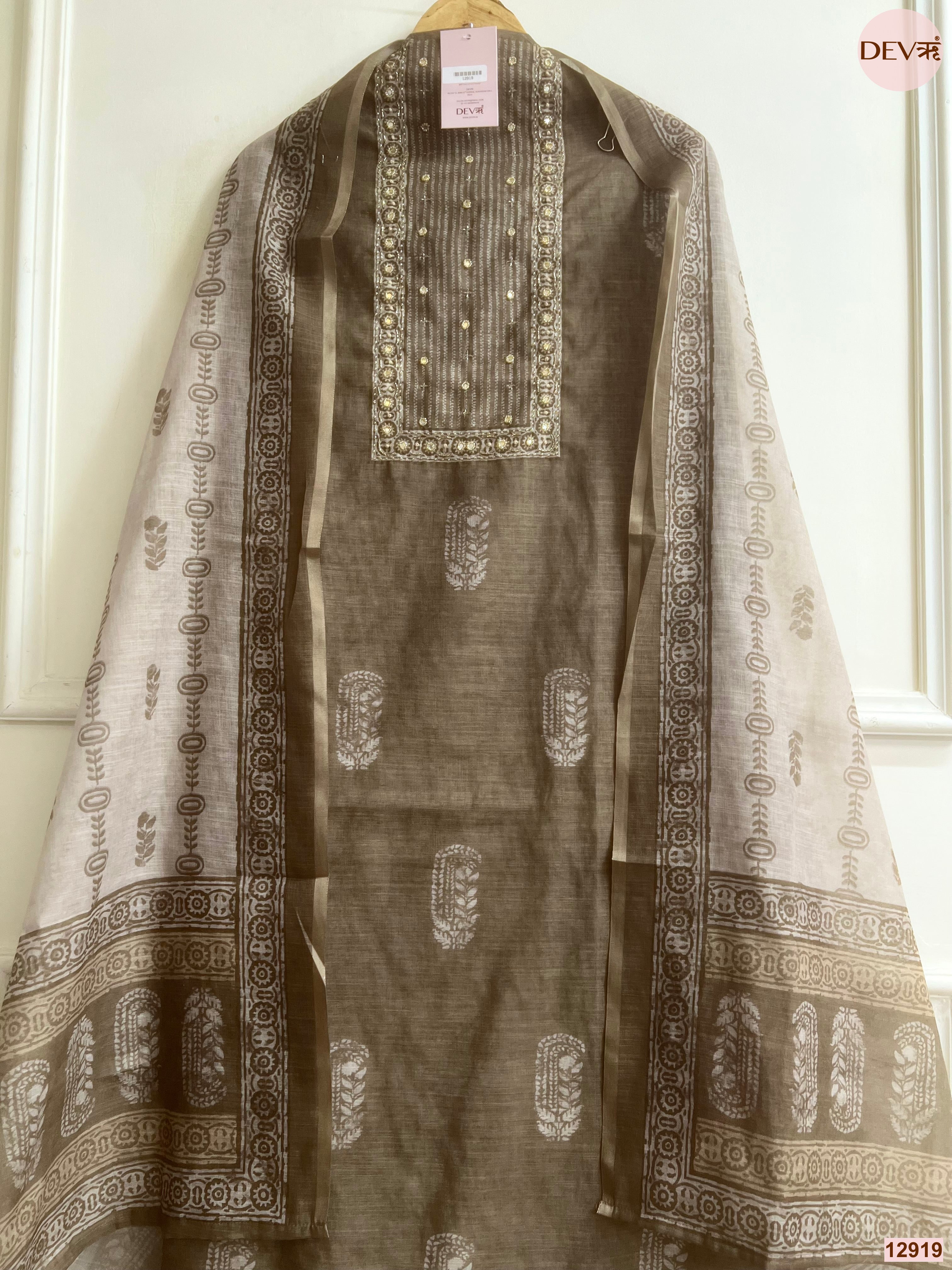 Brown Linen Cotton Printed Unstitched 3-Piece Suit (Devri – D.No 12919)