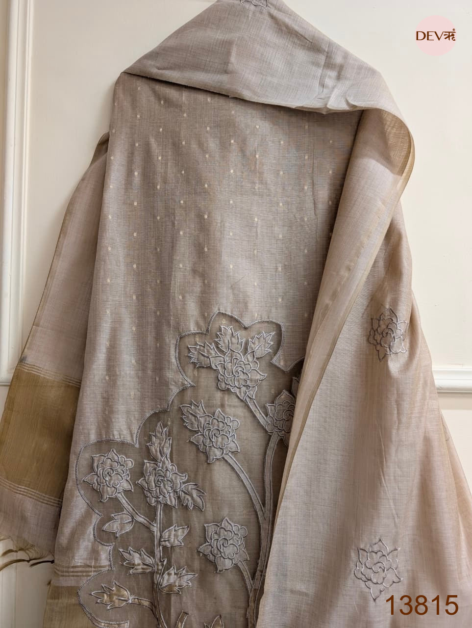 Taupe Mul Chanderi Embroidered Unstitched 3-Piece Suit (Devri – D.No 13815)