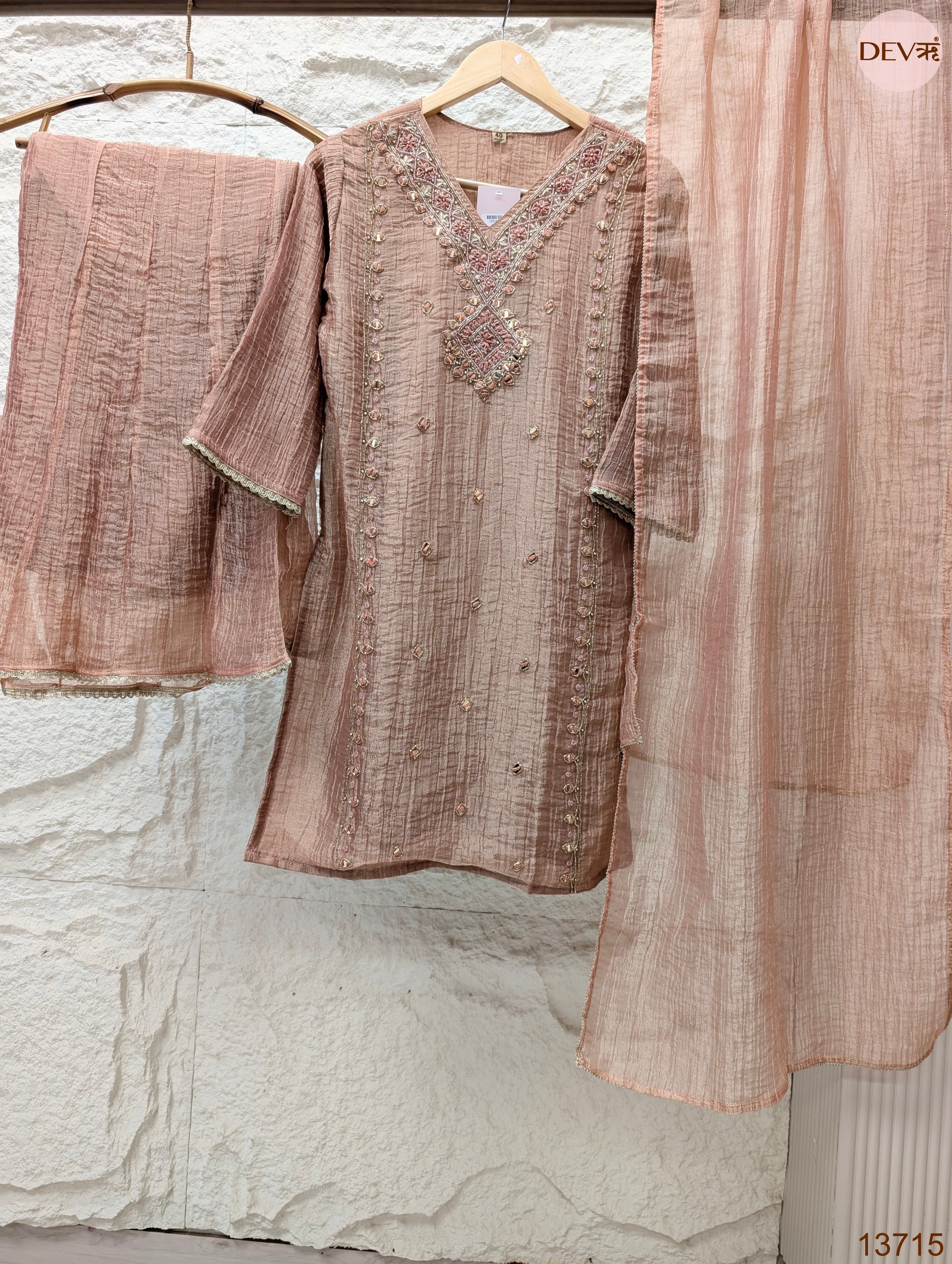 Gulnaar Tissue silk Embroidered Blush Pink 3-Piece Set (Devri – D.No 13715)