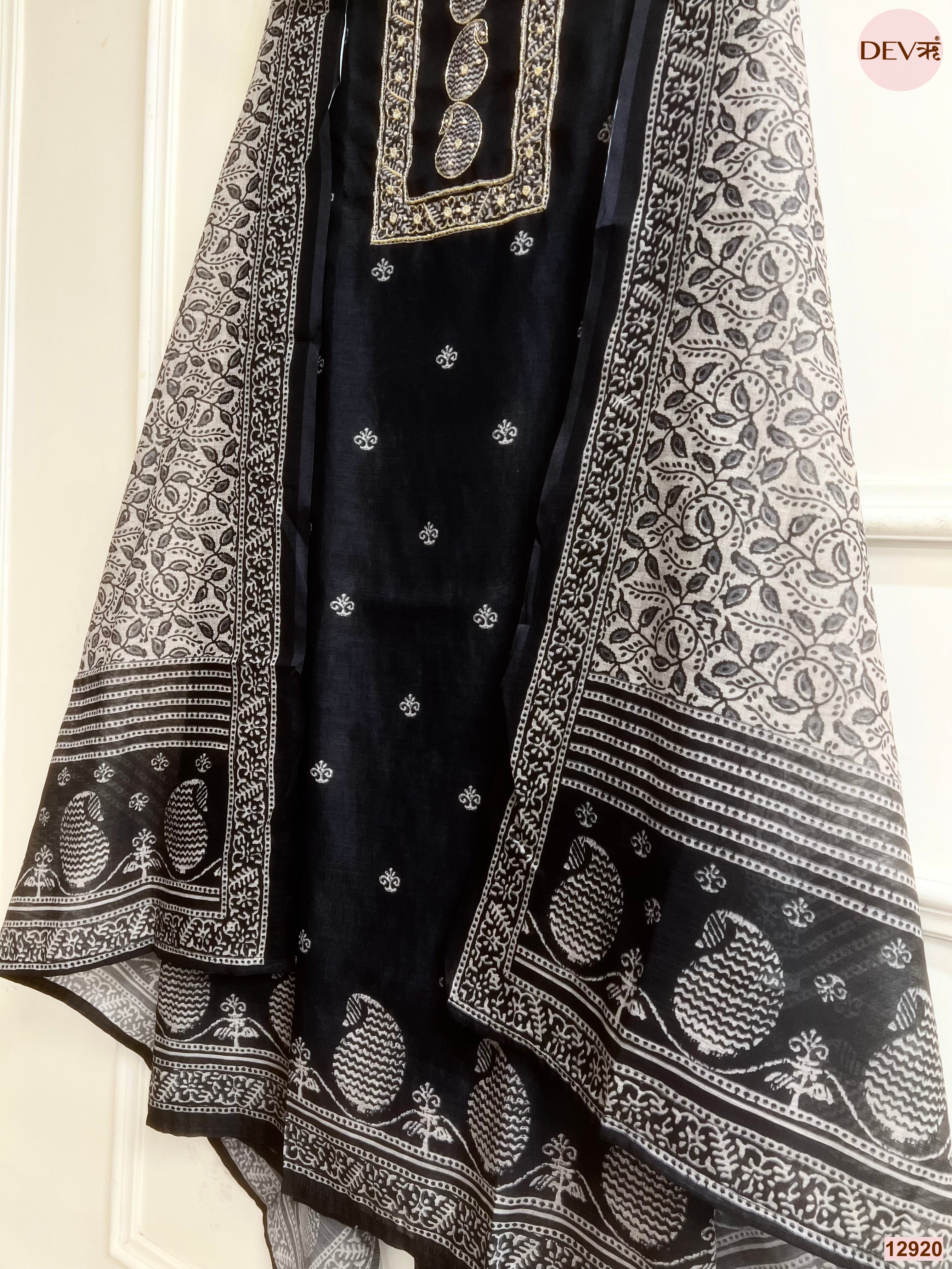 Black Linen Cotton Printed Unstitched 3-Piece Suit (Devri – D.No 12920)
