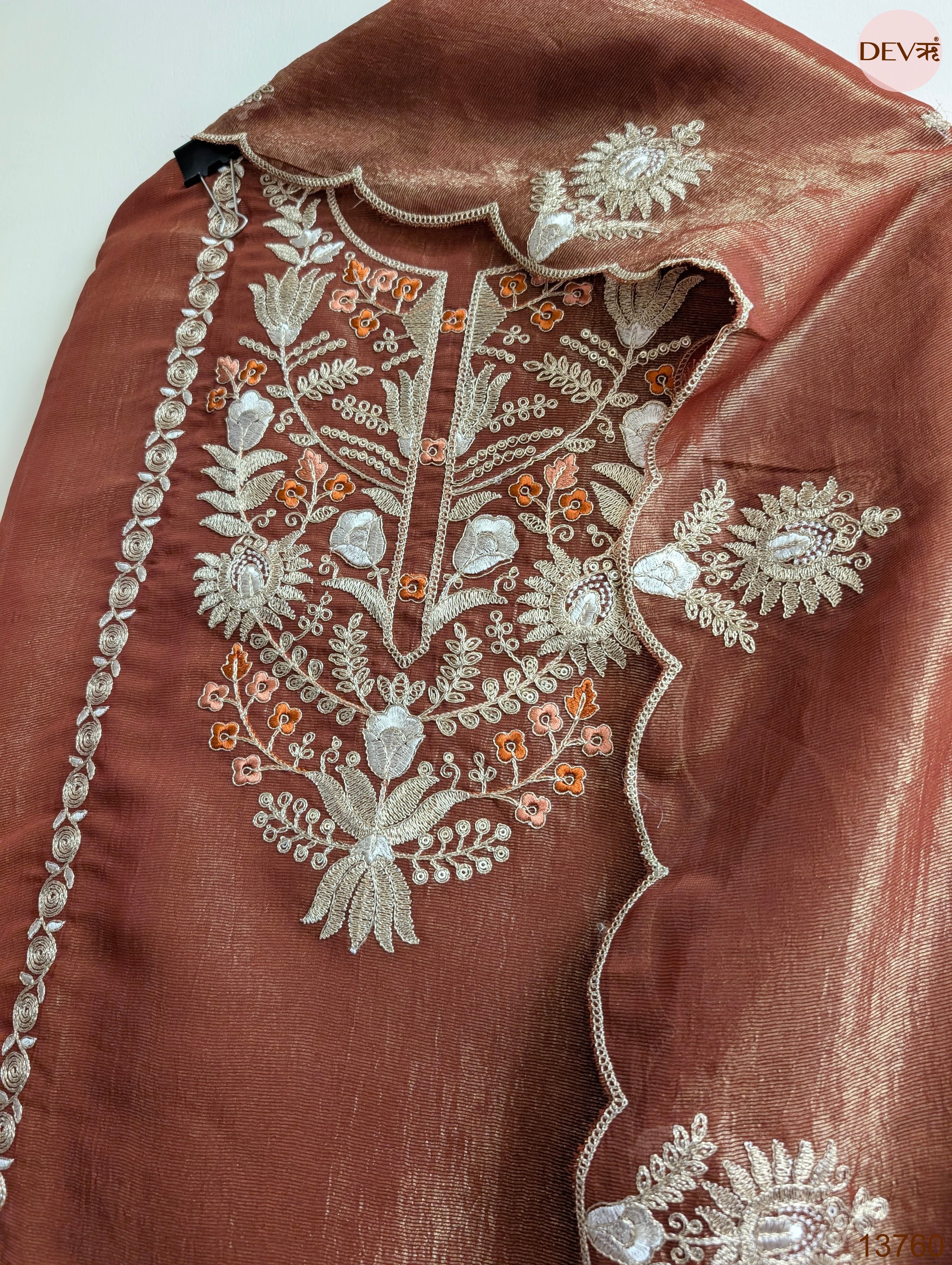 Brown Pure Tissue Silk Embroidered Unstitched 3-Piece Suit (Devri – D.No 13760)