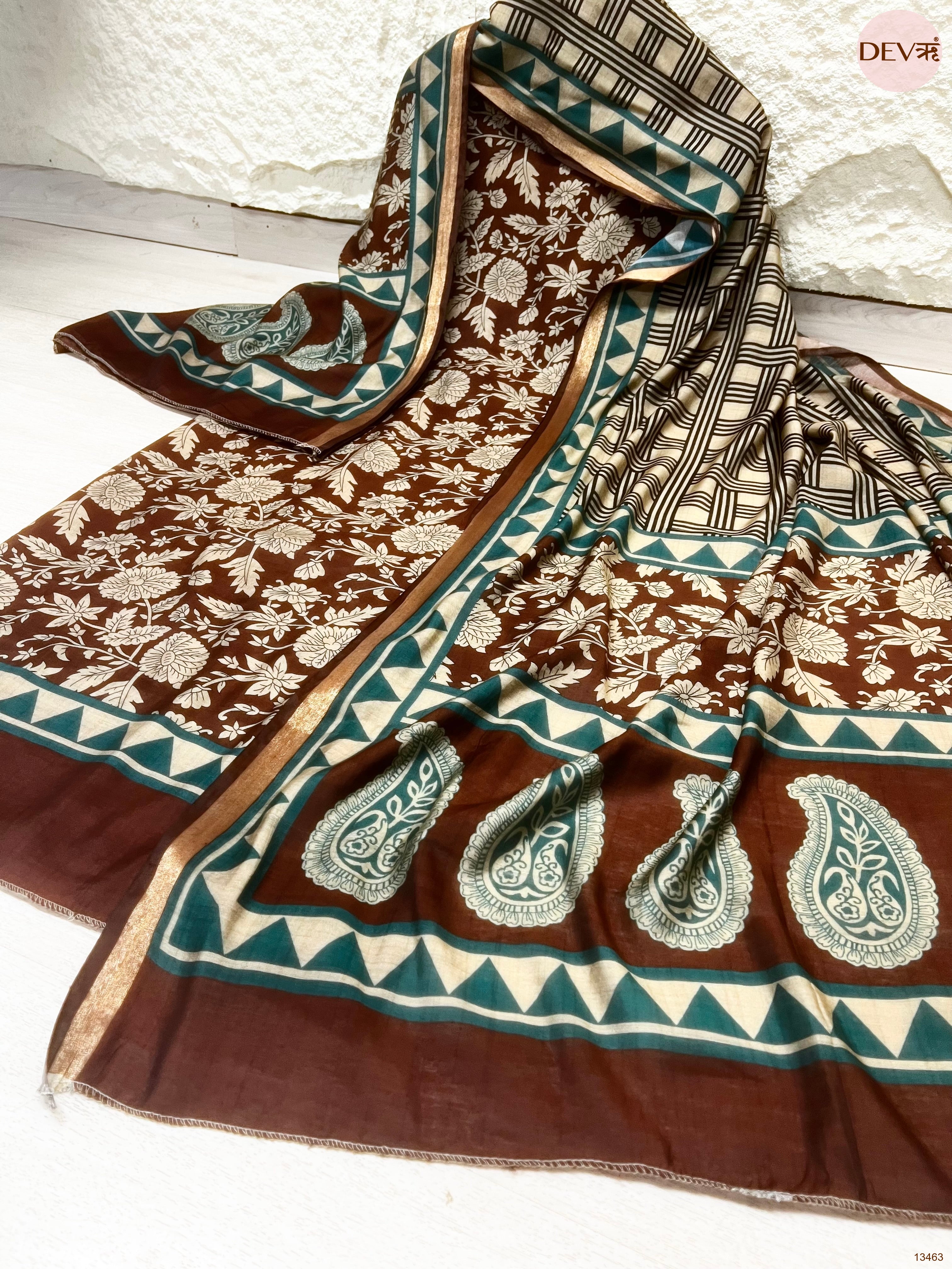 Brown Maheshwari Silk Printed Unstitched 3-Piece Suit (Devri – D.No 13463)