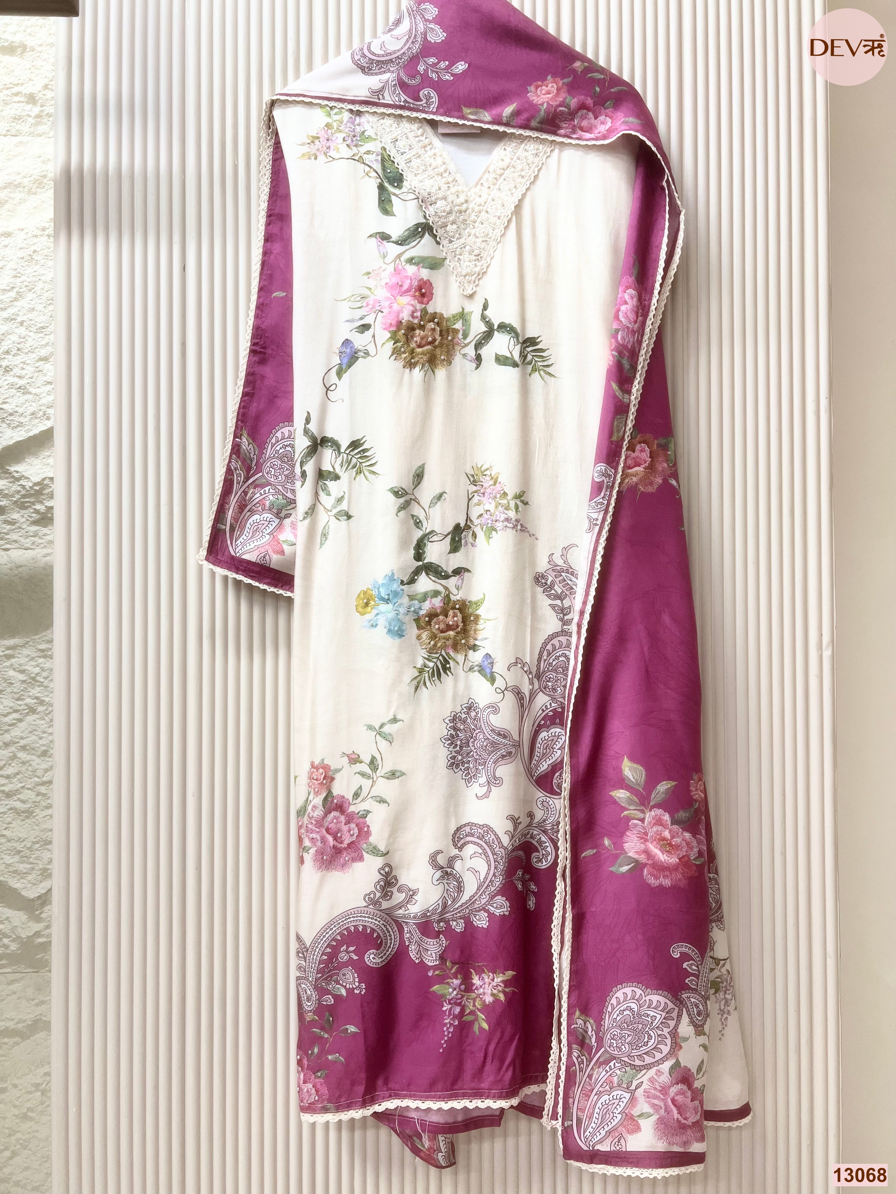 Cream Muslin Printed Unstitched 3-Piece Suit (Devri – D.No 13068)