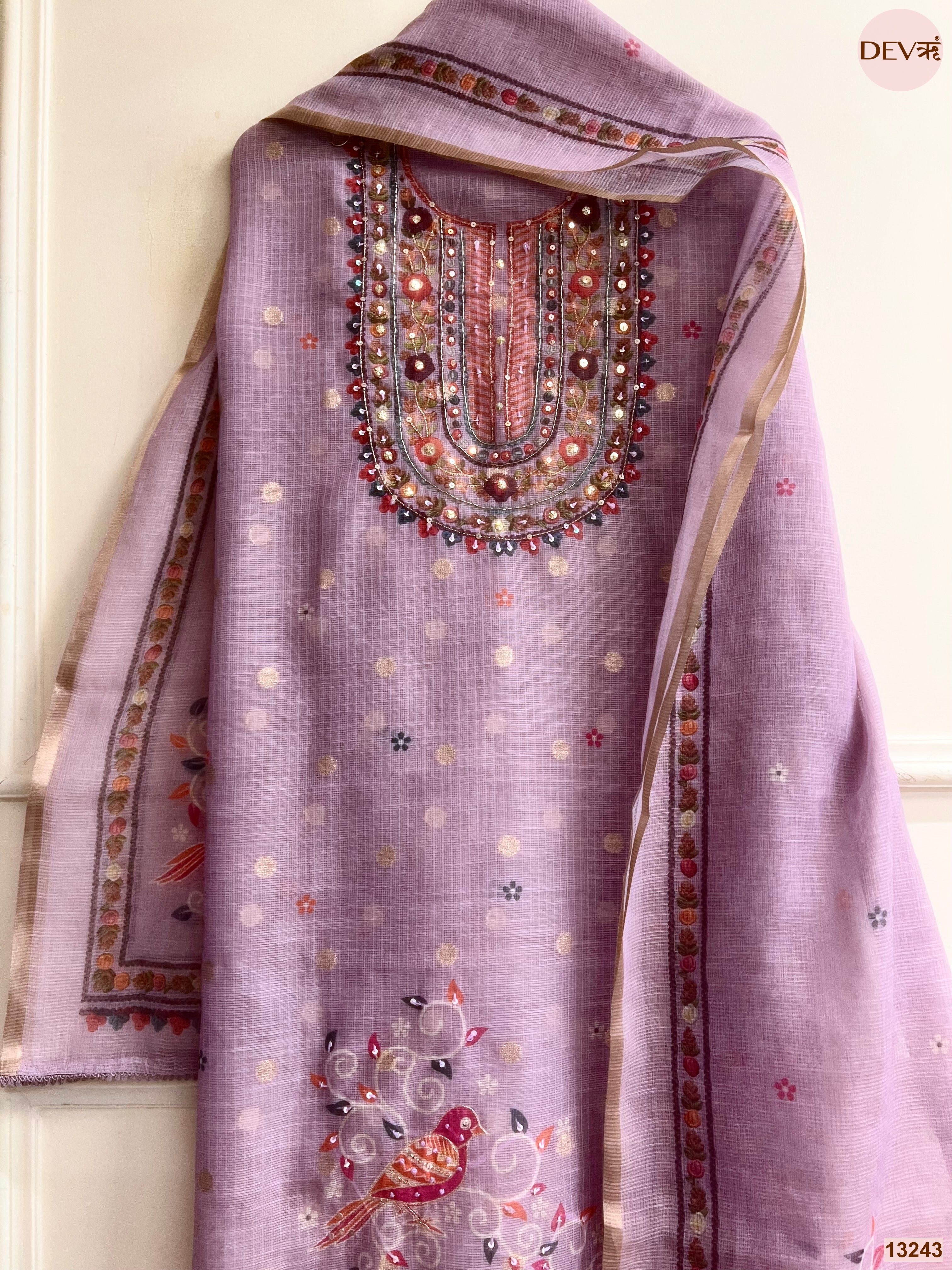 Lavender Kota Printed Unstitched 3-Piece Suit (Devri – D.No 13243)