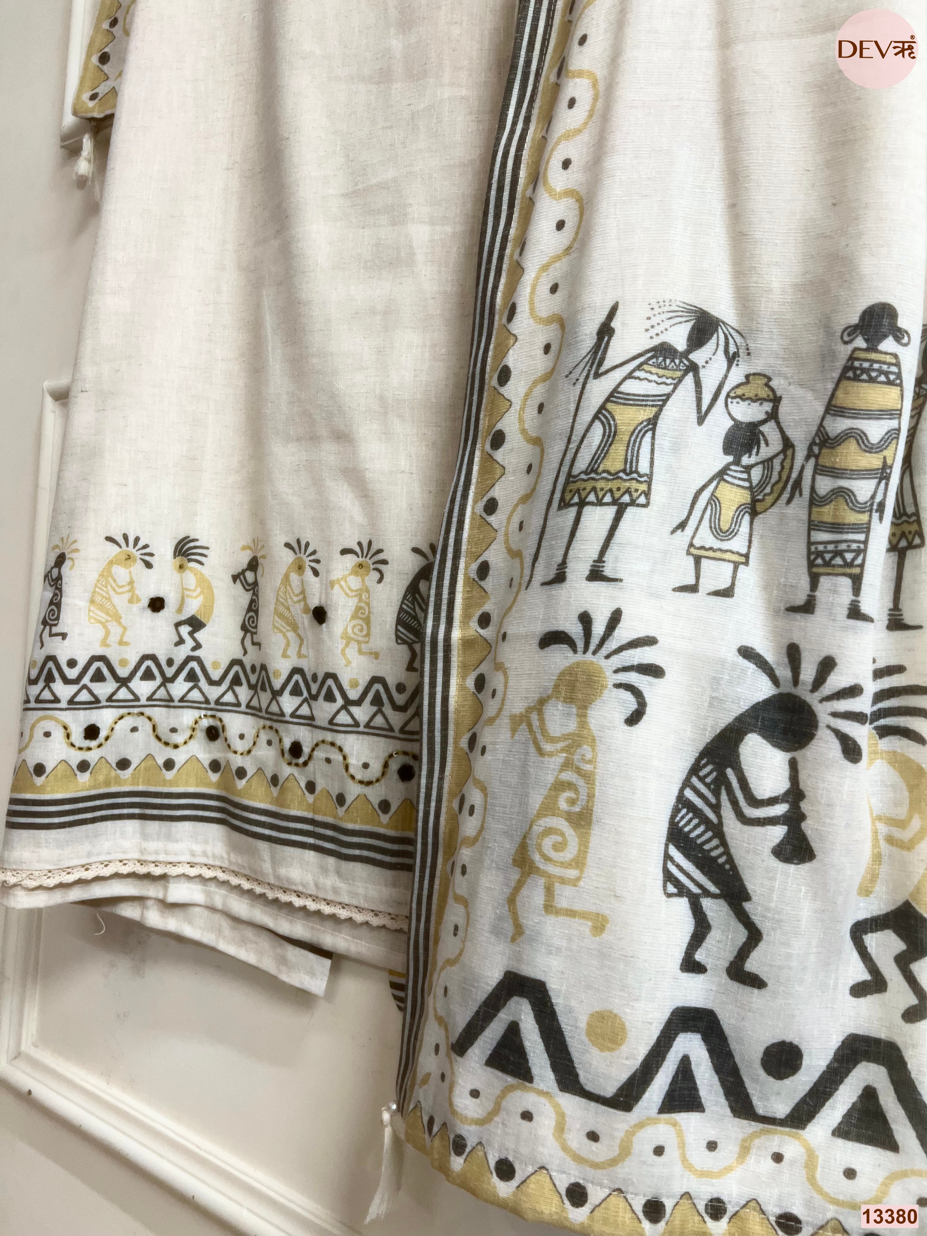 Off White Khadi Cotton Printed Unstitched 3-Piece Suit (Devri – D.No 13380)