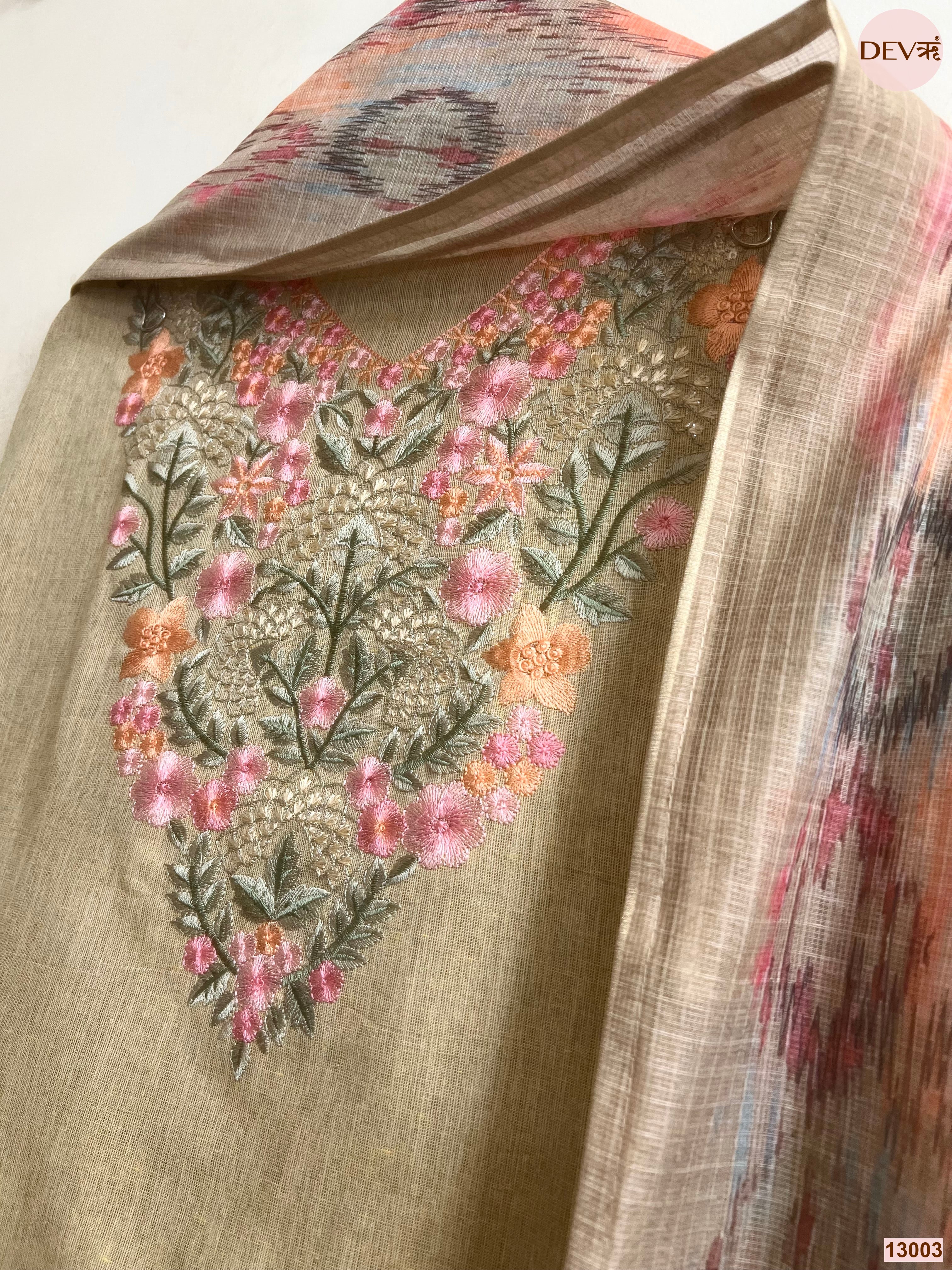 Beige Cotton Handloom Embroidered Unstitched 3-Piece Suit (Devri – D.No 13003)