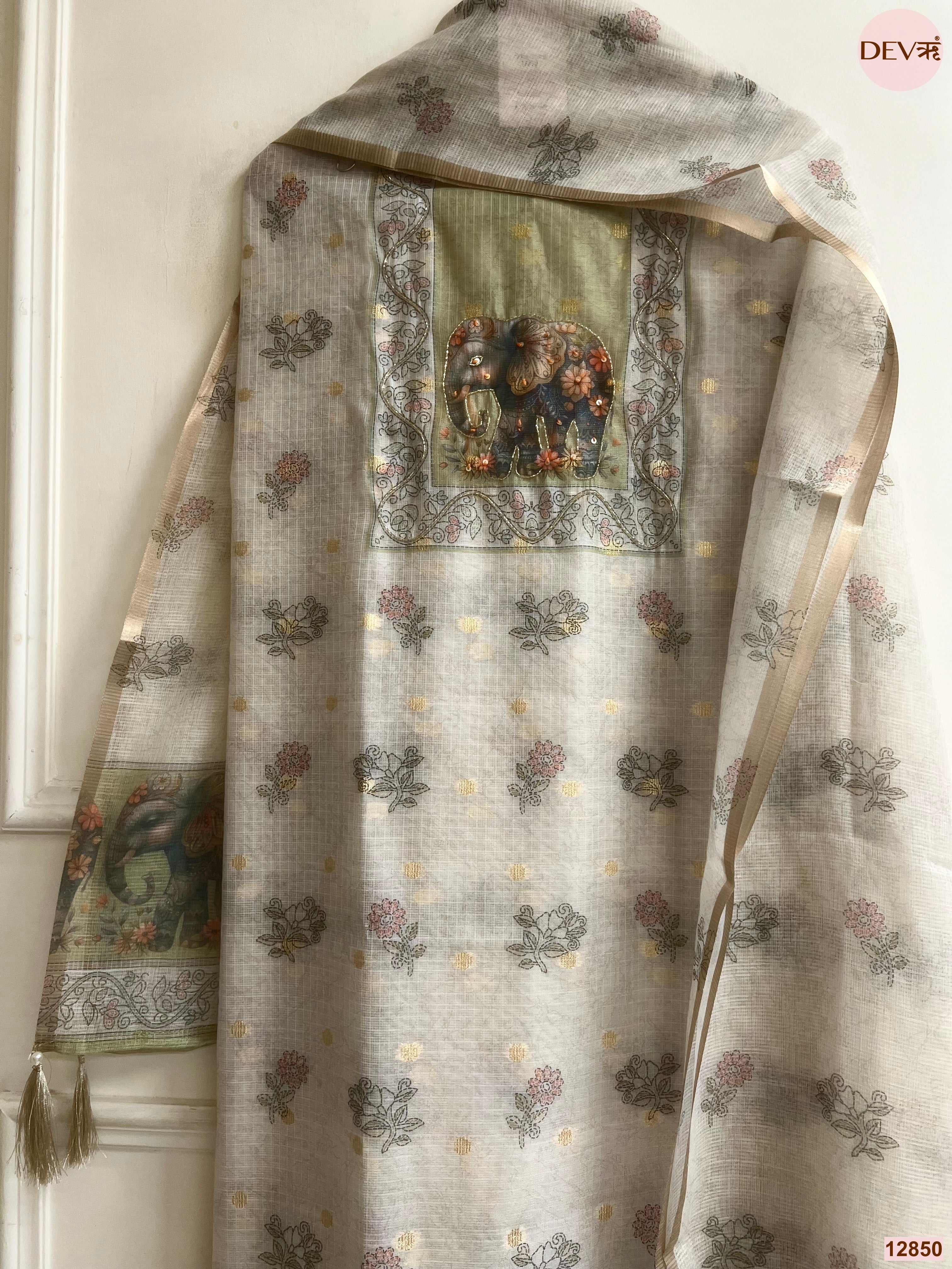 Olive Linen Cotton Printed Unstitched 3-Piece Suit (Devri – D.No 12850)