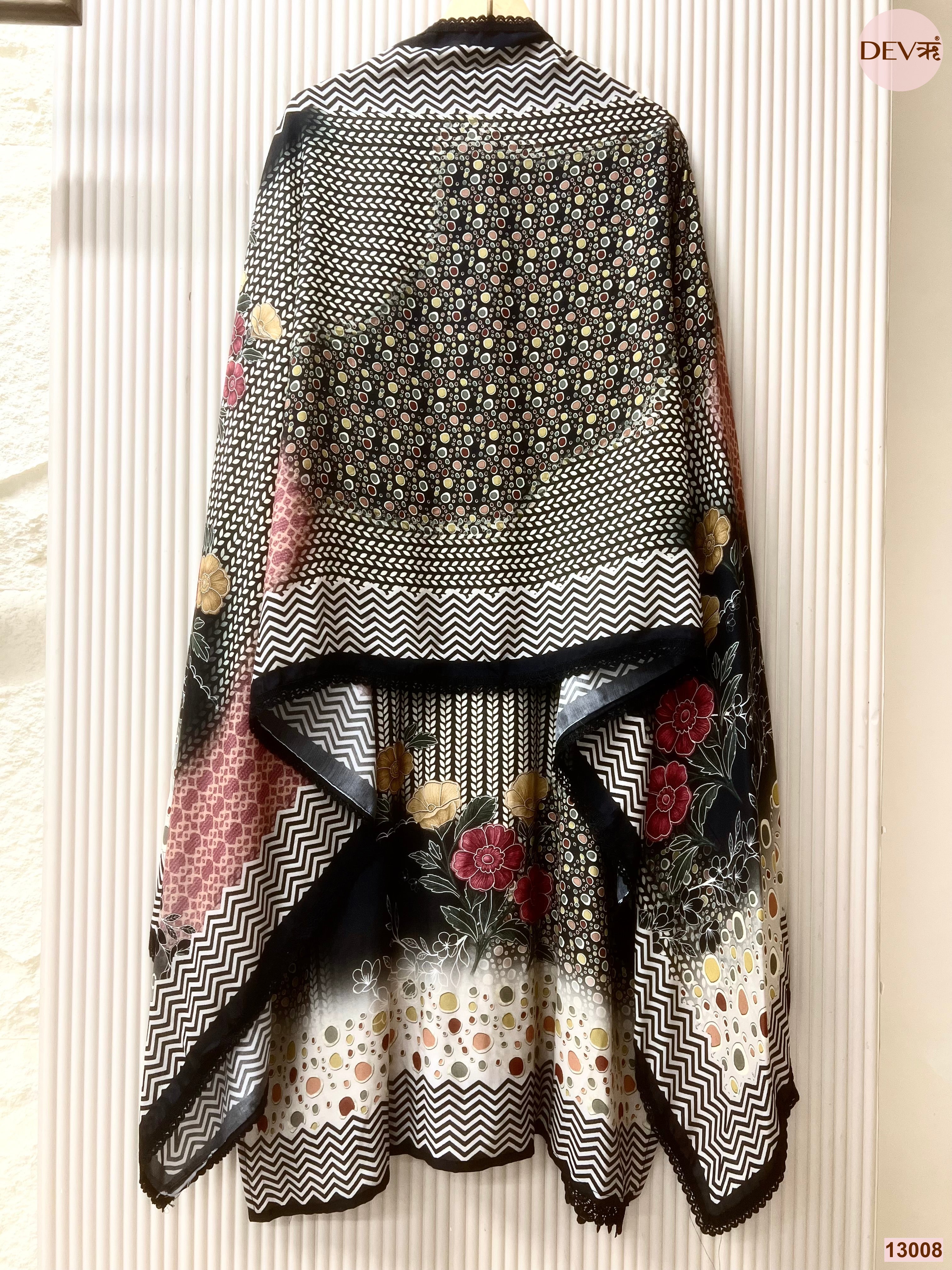 Black Muslin Printed Unstitched 3-Piece Suit (Devri – D.No 13008)