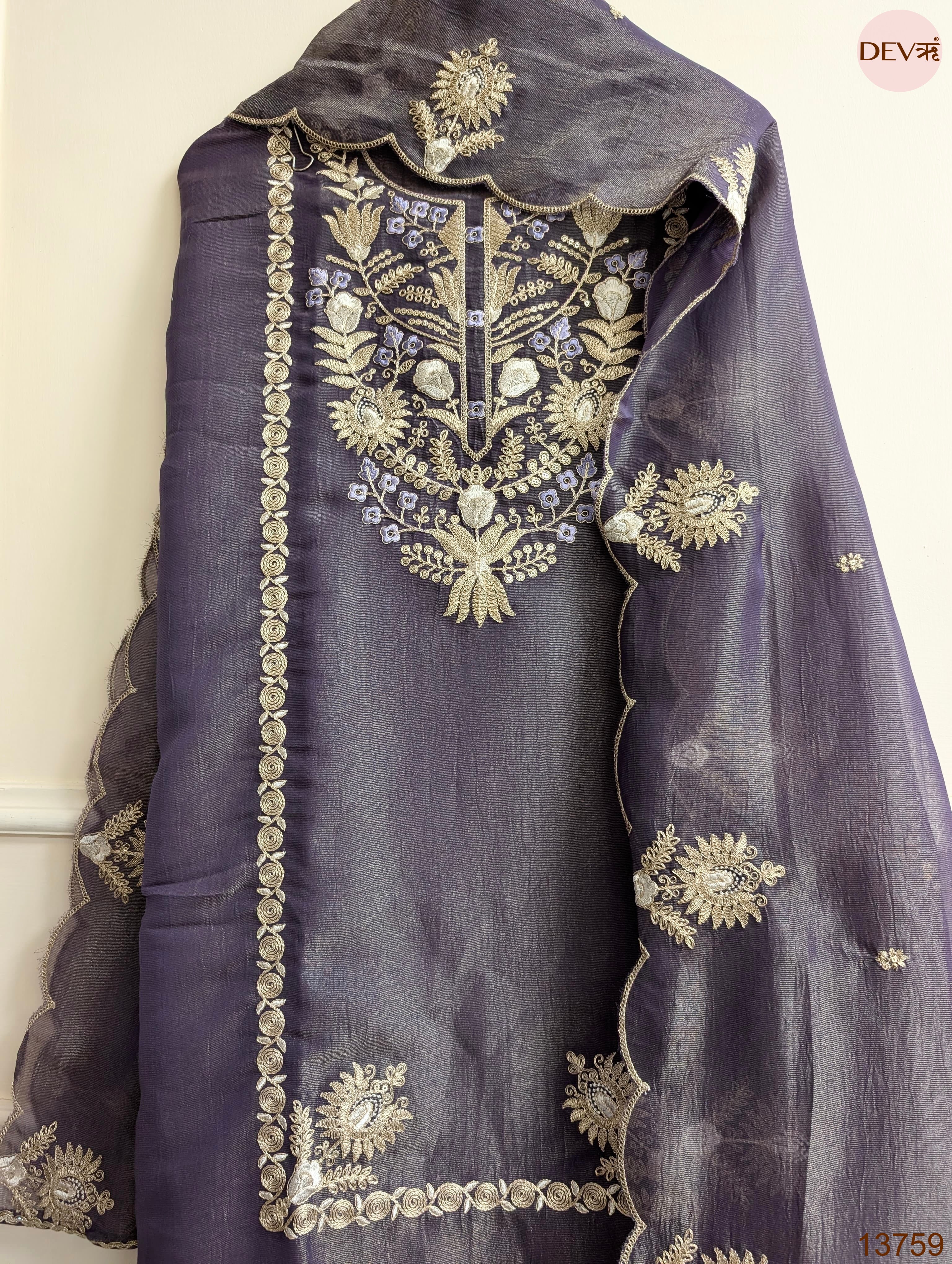 Purple Pure Tissue Silk Embroidered Unstitched 3-Piece Suit (Devri – D.No 13759)