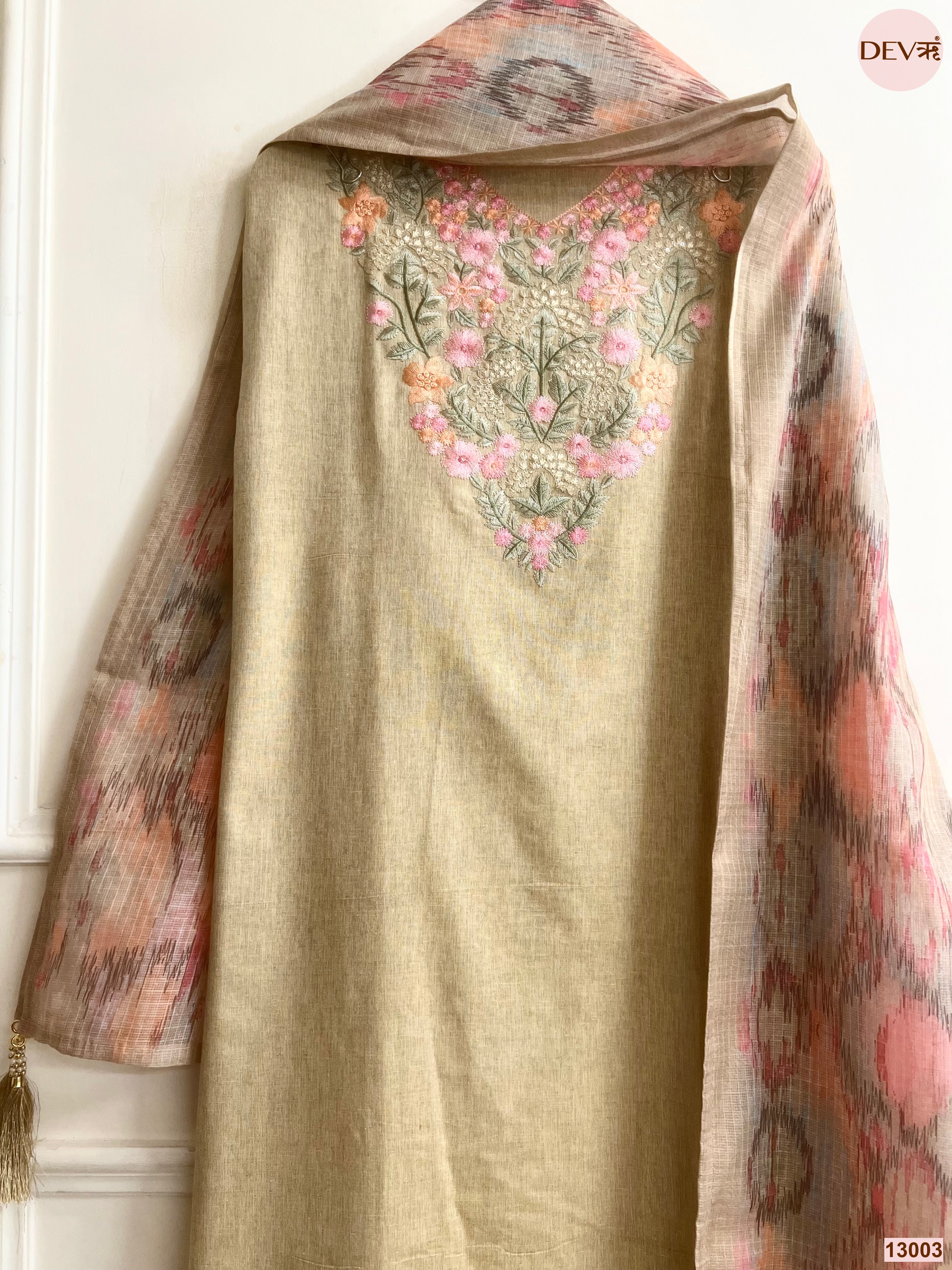 Beige Cotton Handloom Embroidered Unstitched 3-Piece Suit (Devri – D.No 13003)