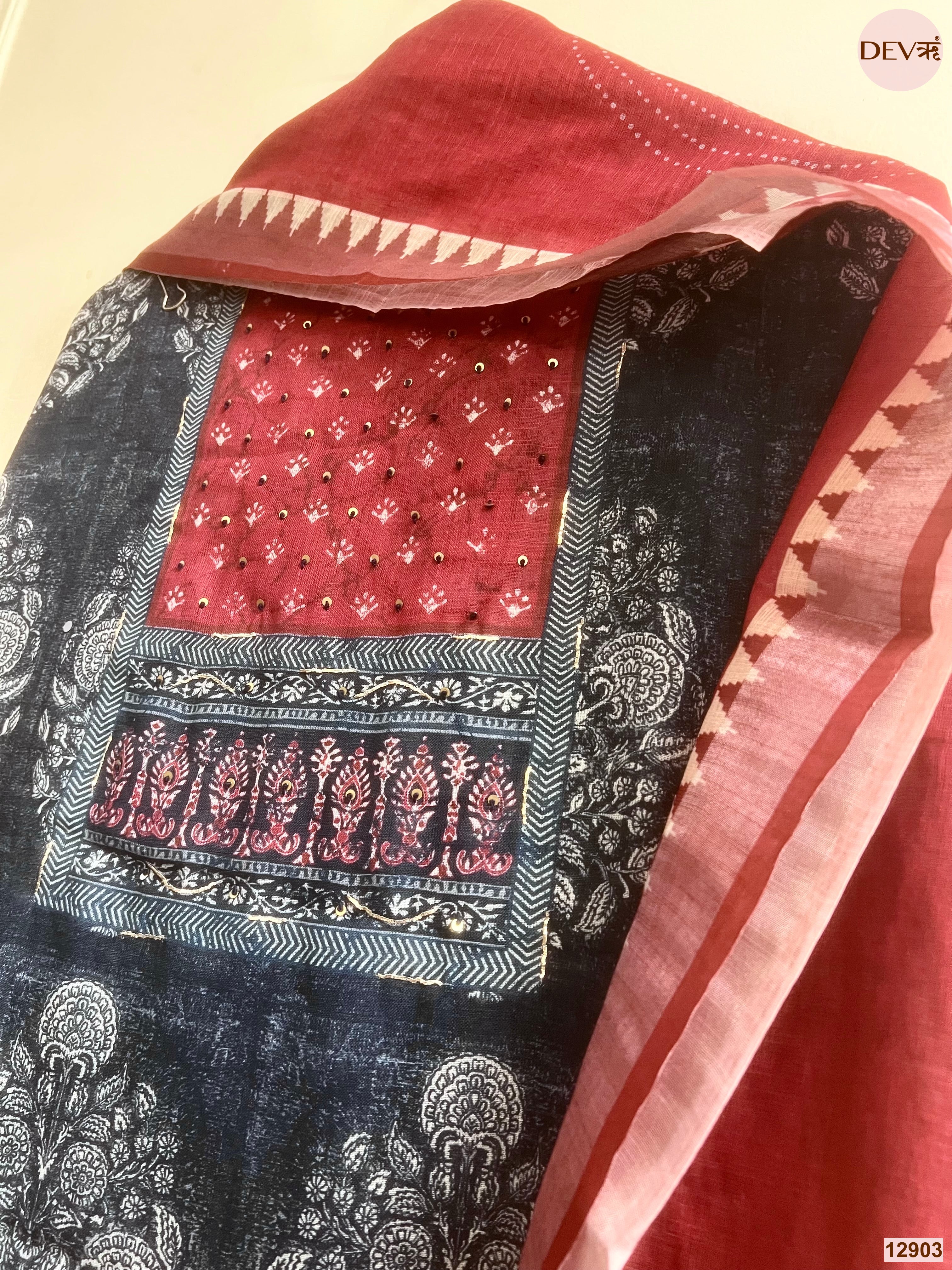 Maroon Linen Cotton Printed Unstitched 3-Piece Suit (Devri – D.No 12903)