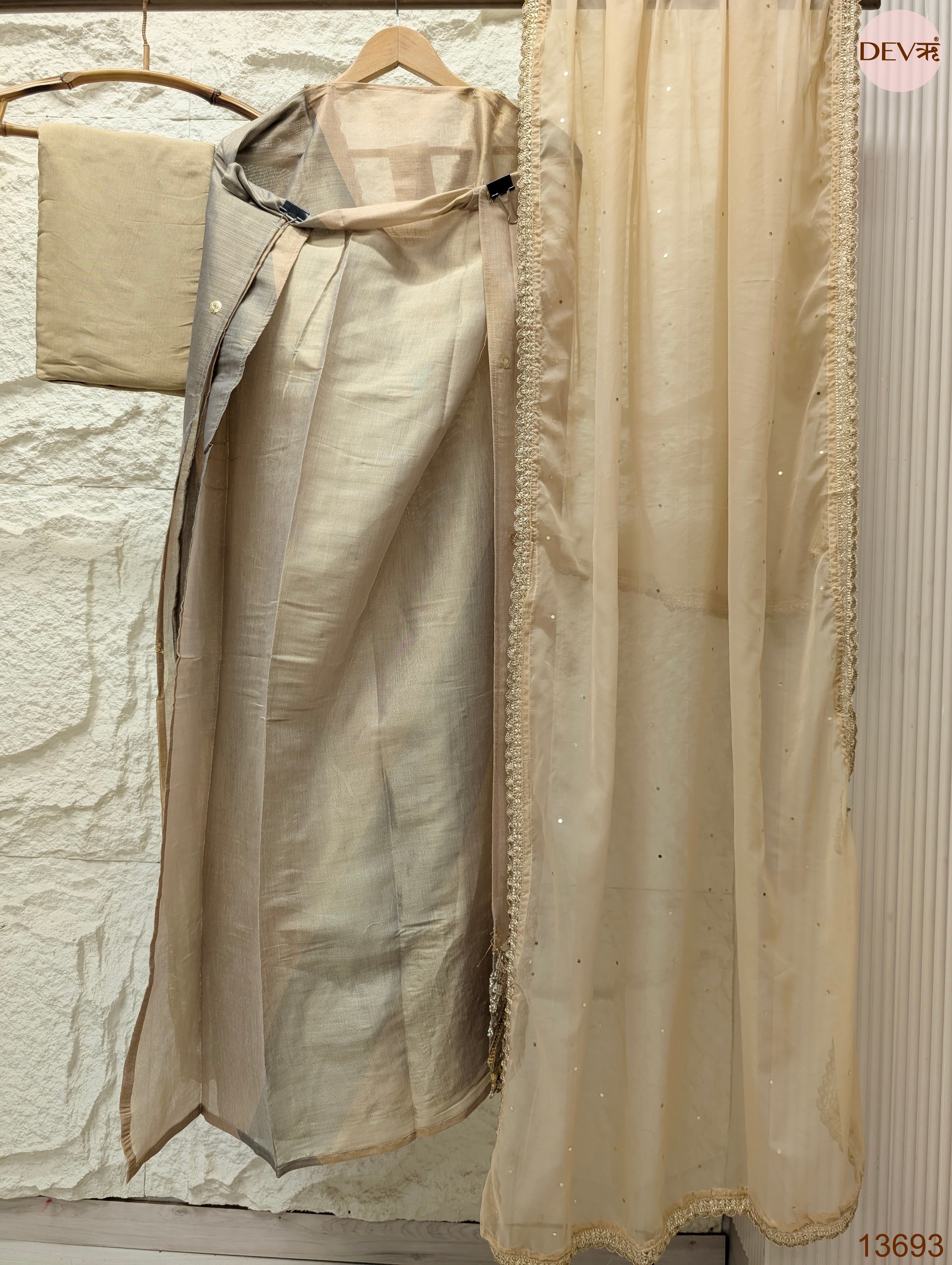 Beige Tissue Silk Embroidered Unstitched 3-Piece Suit (Devri – D.No 13693)