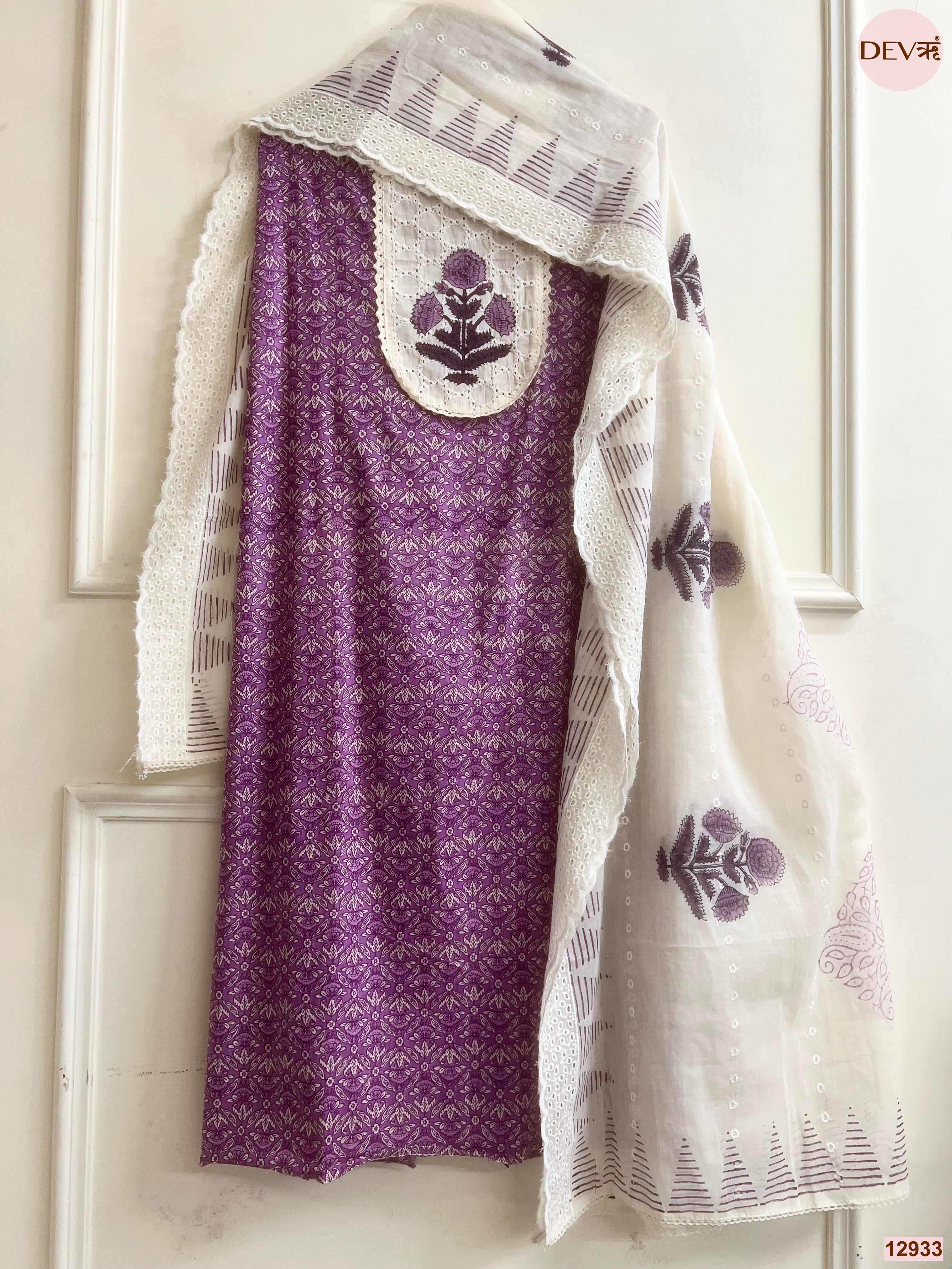 Purple Cotton Printed Unstitched 3-Piece Suit (Devri – D.No 12933)
