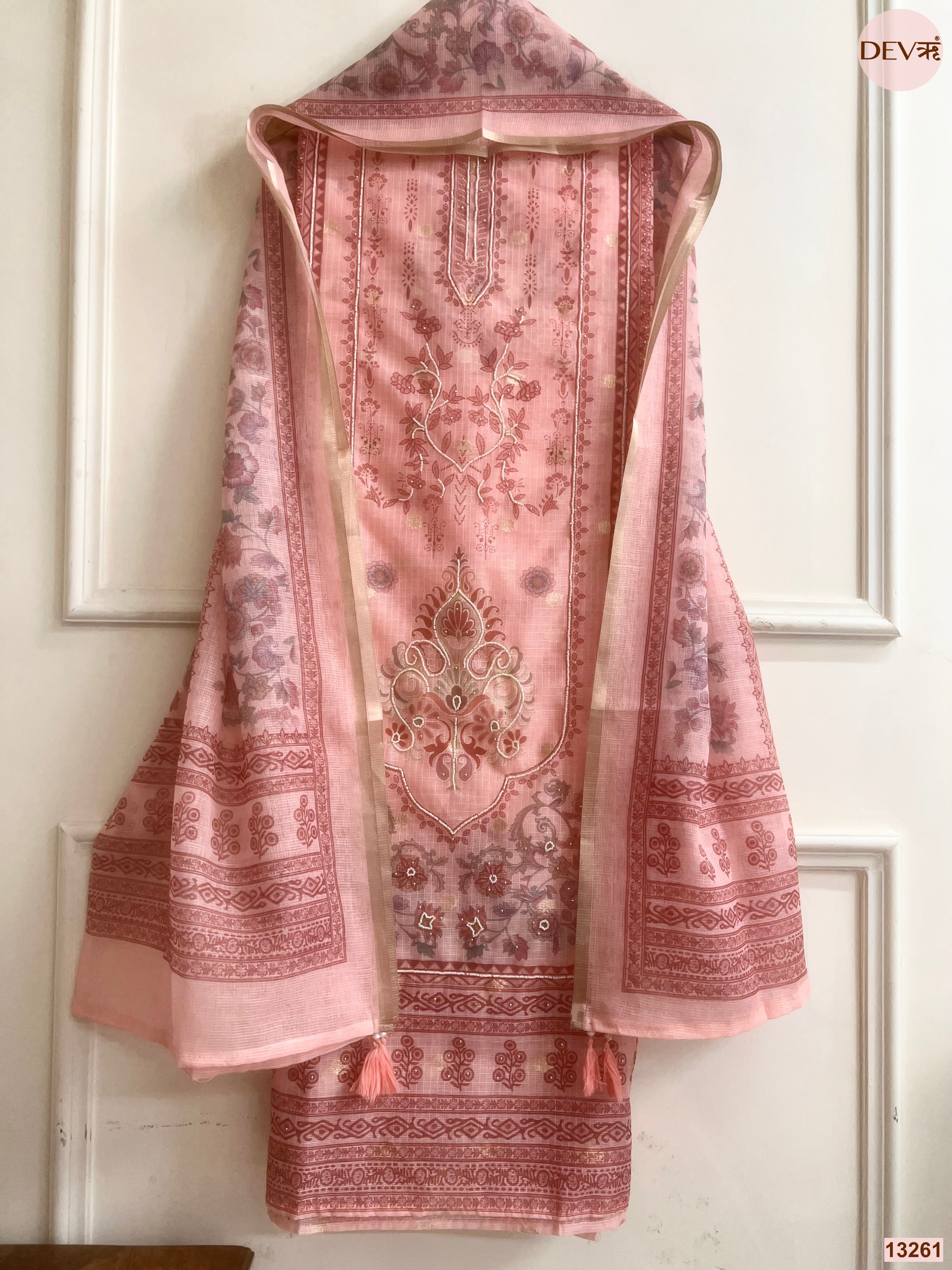 Pink Kota Printed Unstitched 3-Piece Suit (Devri – D.No 13261)
