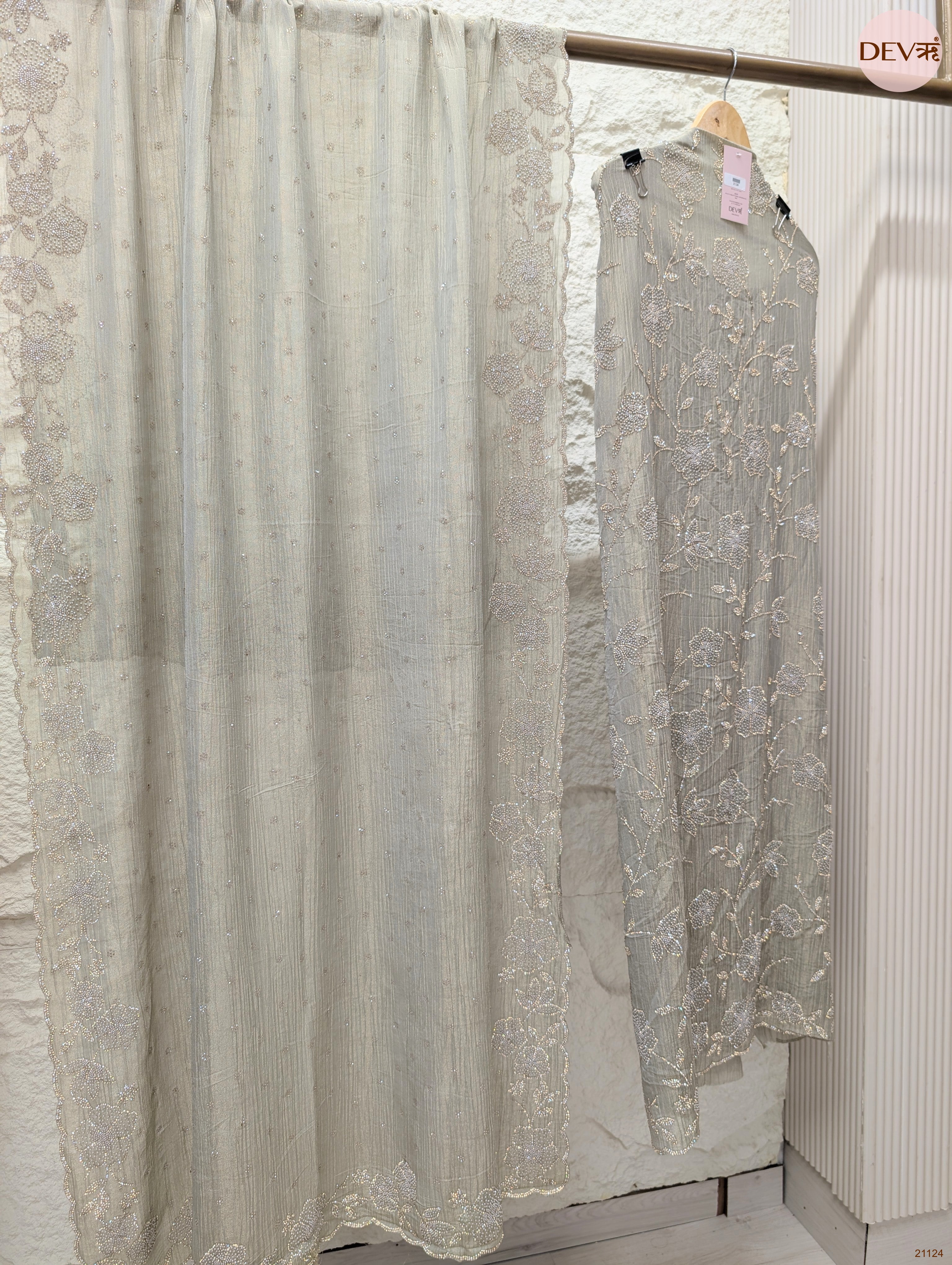 Grey Pure Tissue Crush Silk Embroidered Unstitched 3-Piece Suit (Devri – D.No 21124)