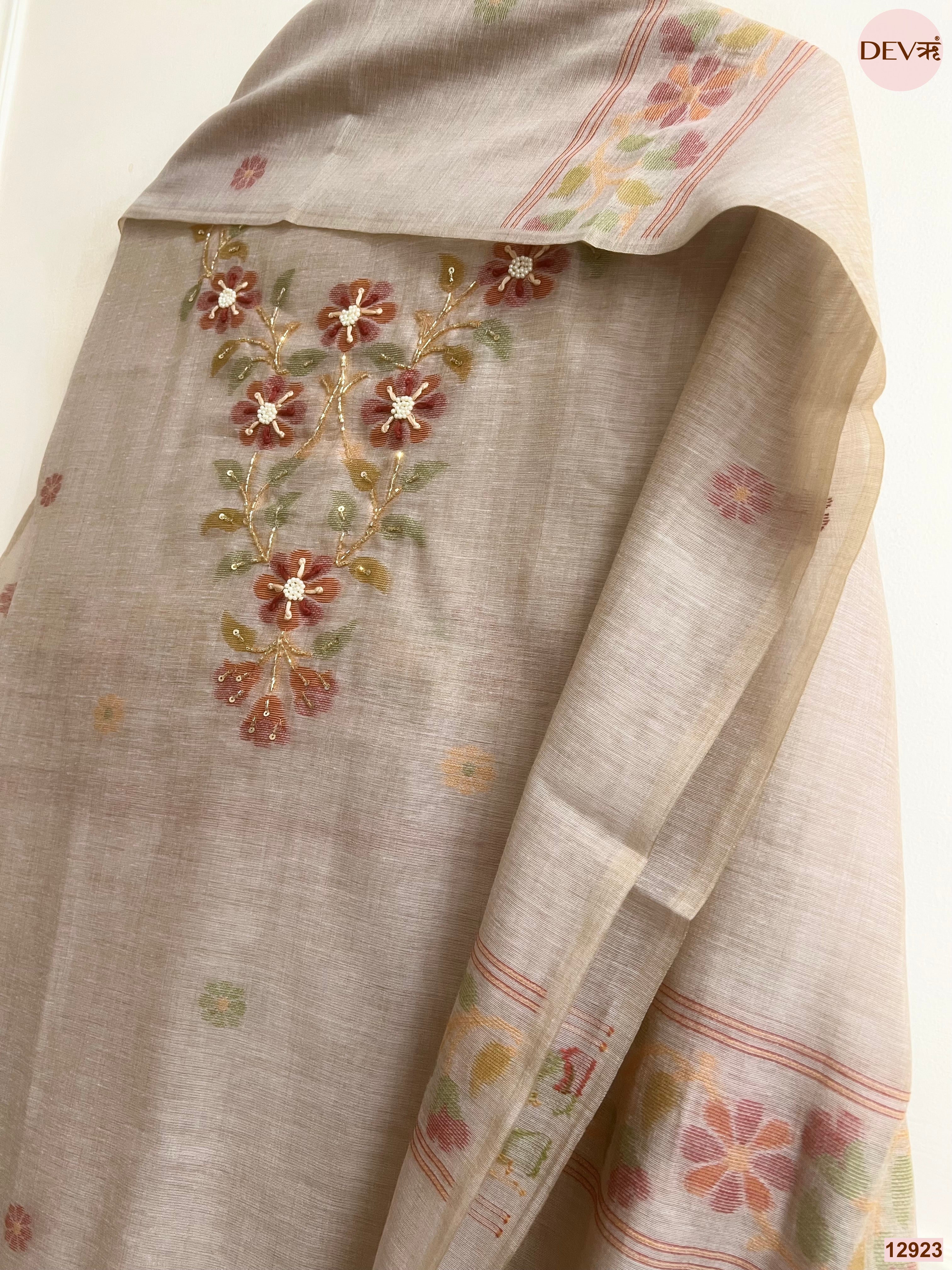 Beige Jamdani Cotton Printed Unstitched 3-Piece Suit (Devri – D.No 12923)