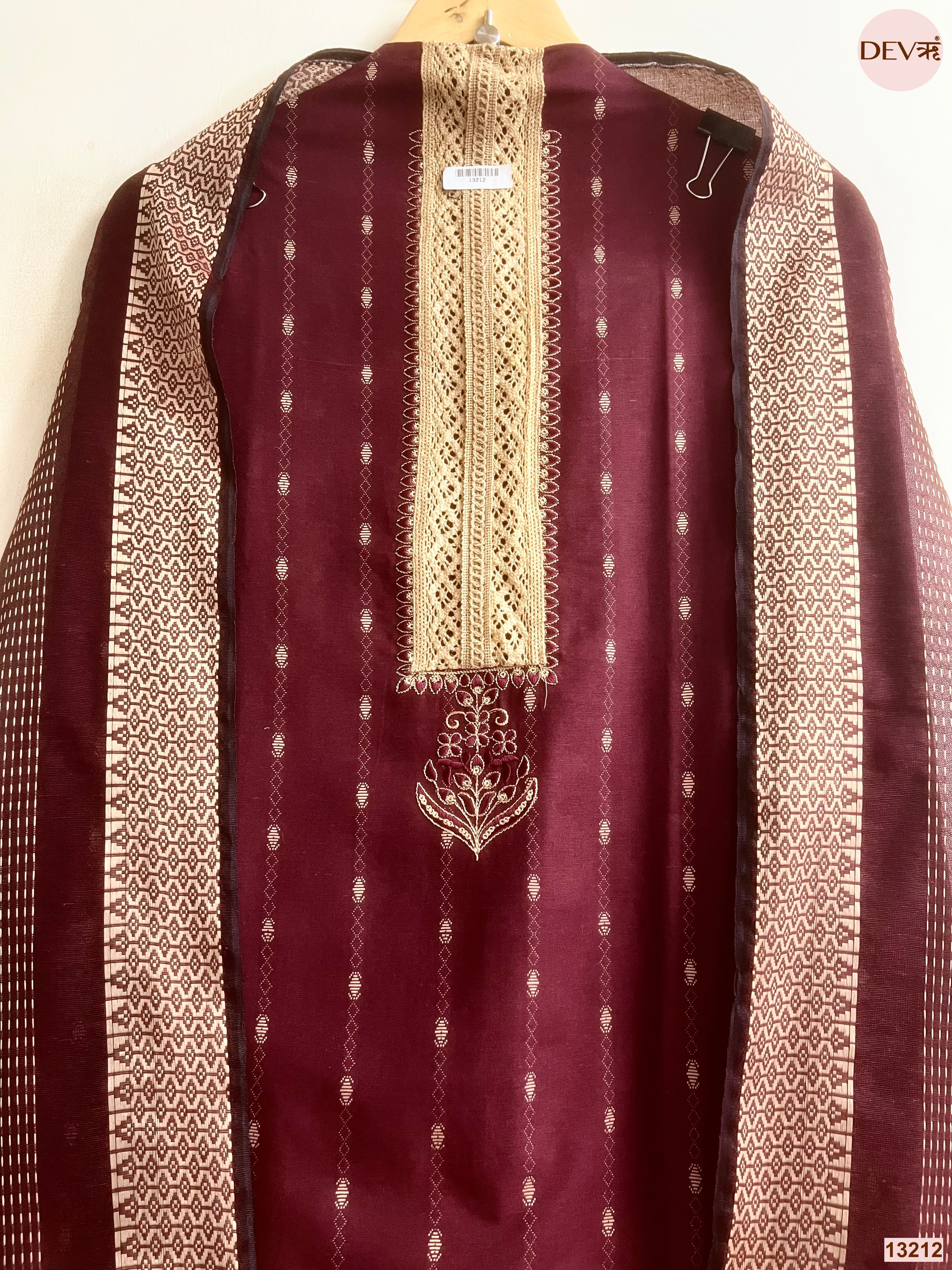 Maroon Cotton Handloom Printed Unstitched 3-Piece Suit (Devri – D.No 13212)