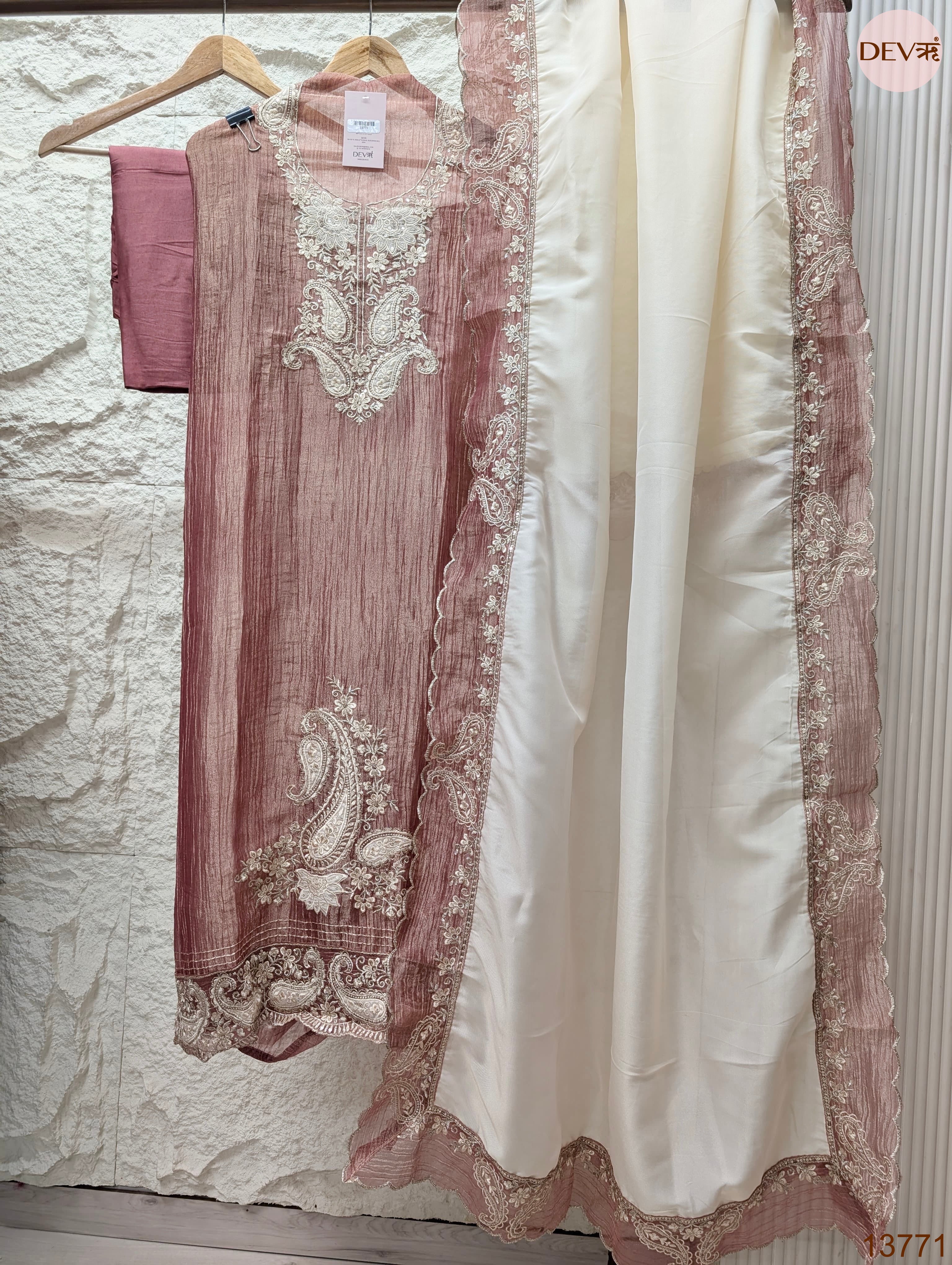 Mauve Pure Tissue Silk Embroidered Unstitched 3-Piece Suit (Devri – D.No 13771)