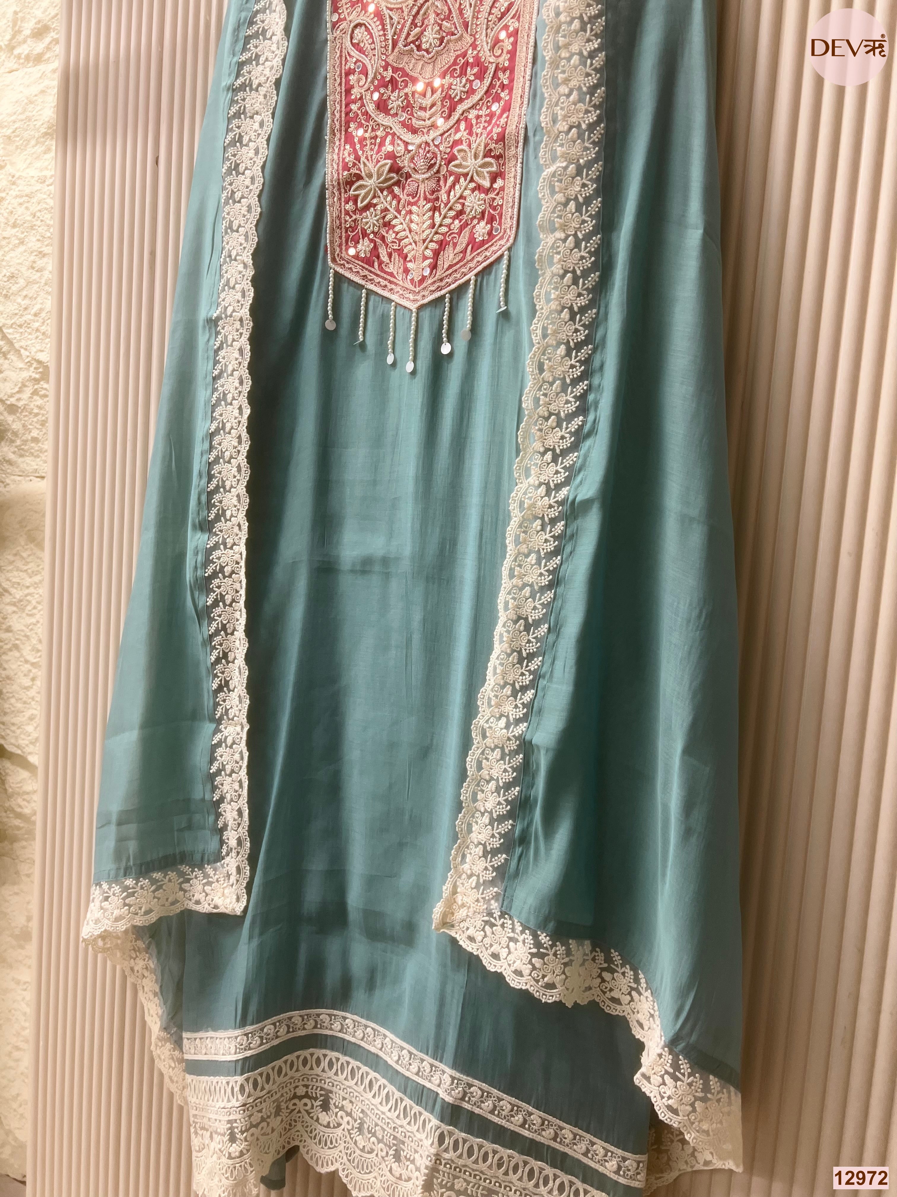 Teal Mul Chanderi Embroidered Unstitched 3-Piece Suit (Devri – D.No 12972)
