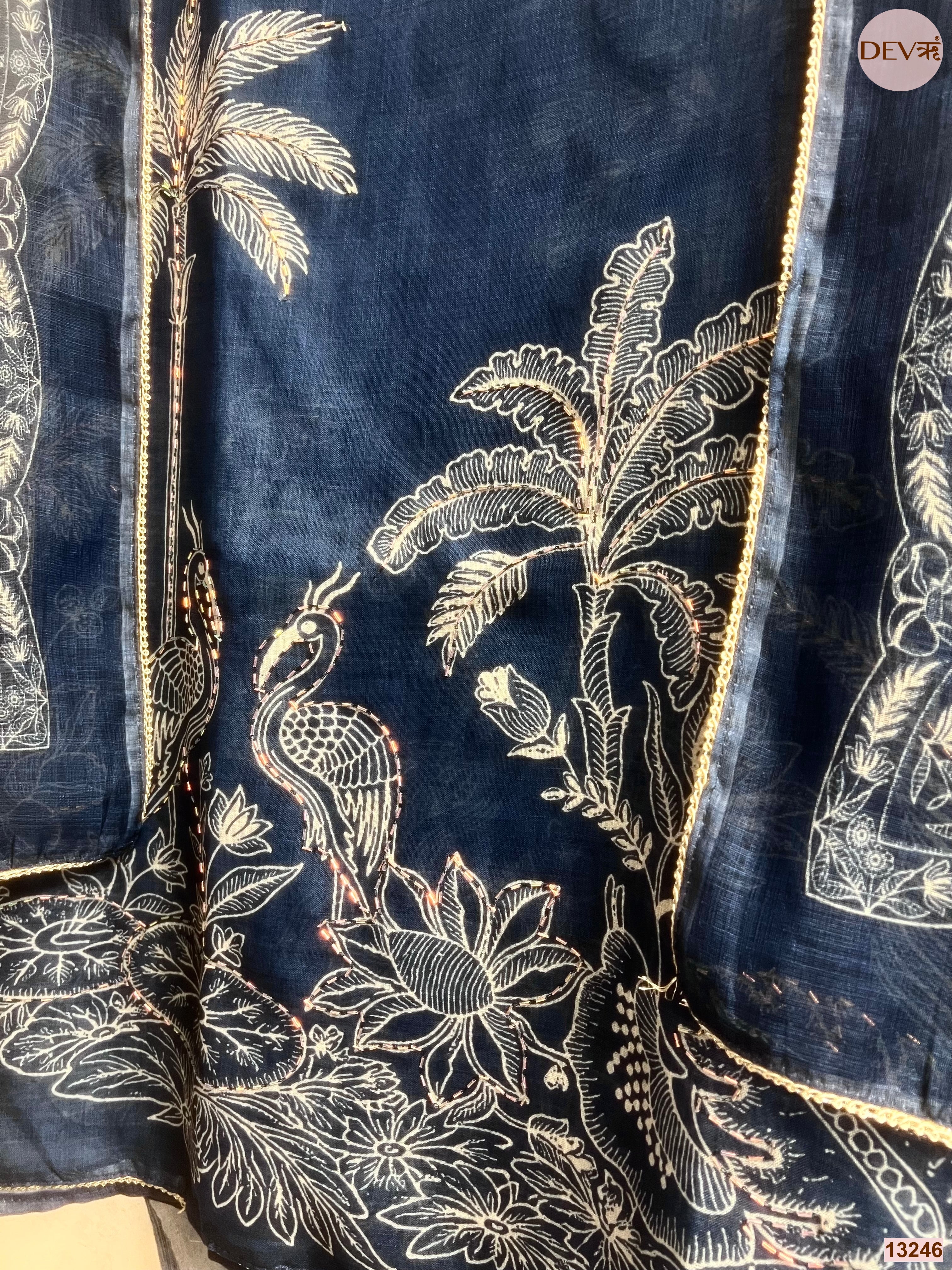 Navy Linen Cotton Printed Unstitched 3-Piece Suit (Devri – D.No 13246)