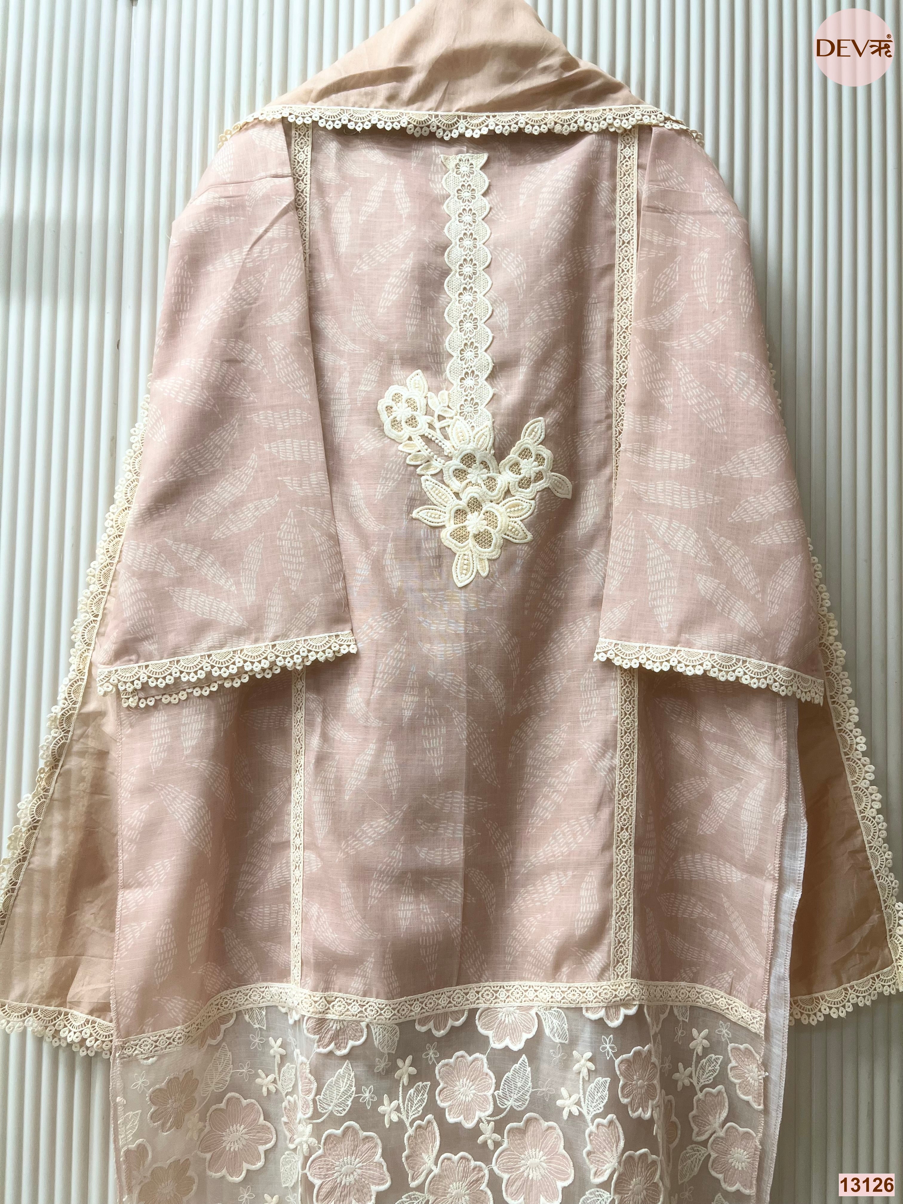 Peach Linen Cotton Embroidered Unstitched 3-Piece Suit (Devri – D.No 13126)