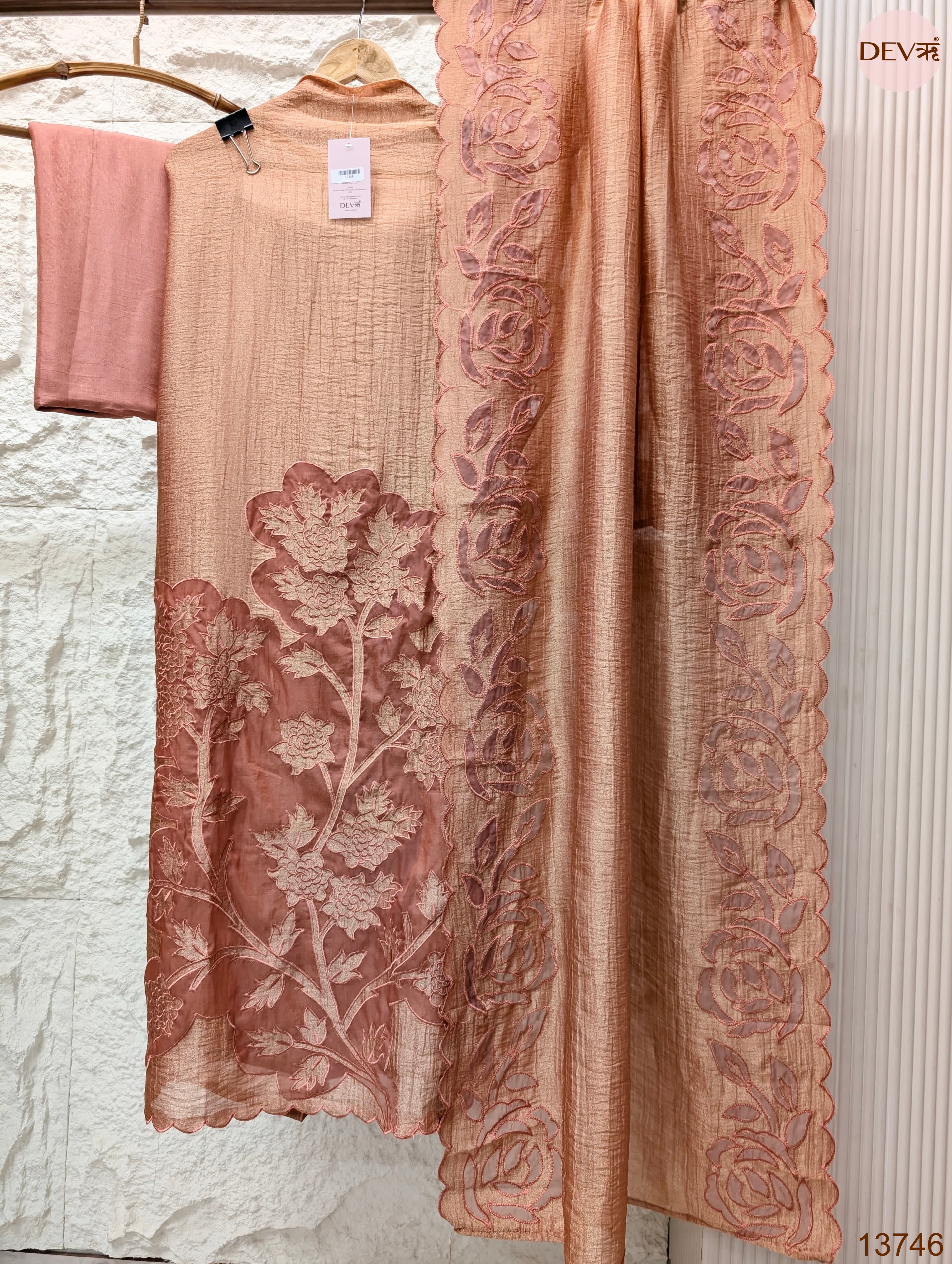 Peach Tissue Crush Silk Embroidered Unstitched 3-Piece Suit (Devri – D.No 13746)