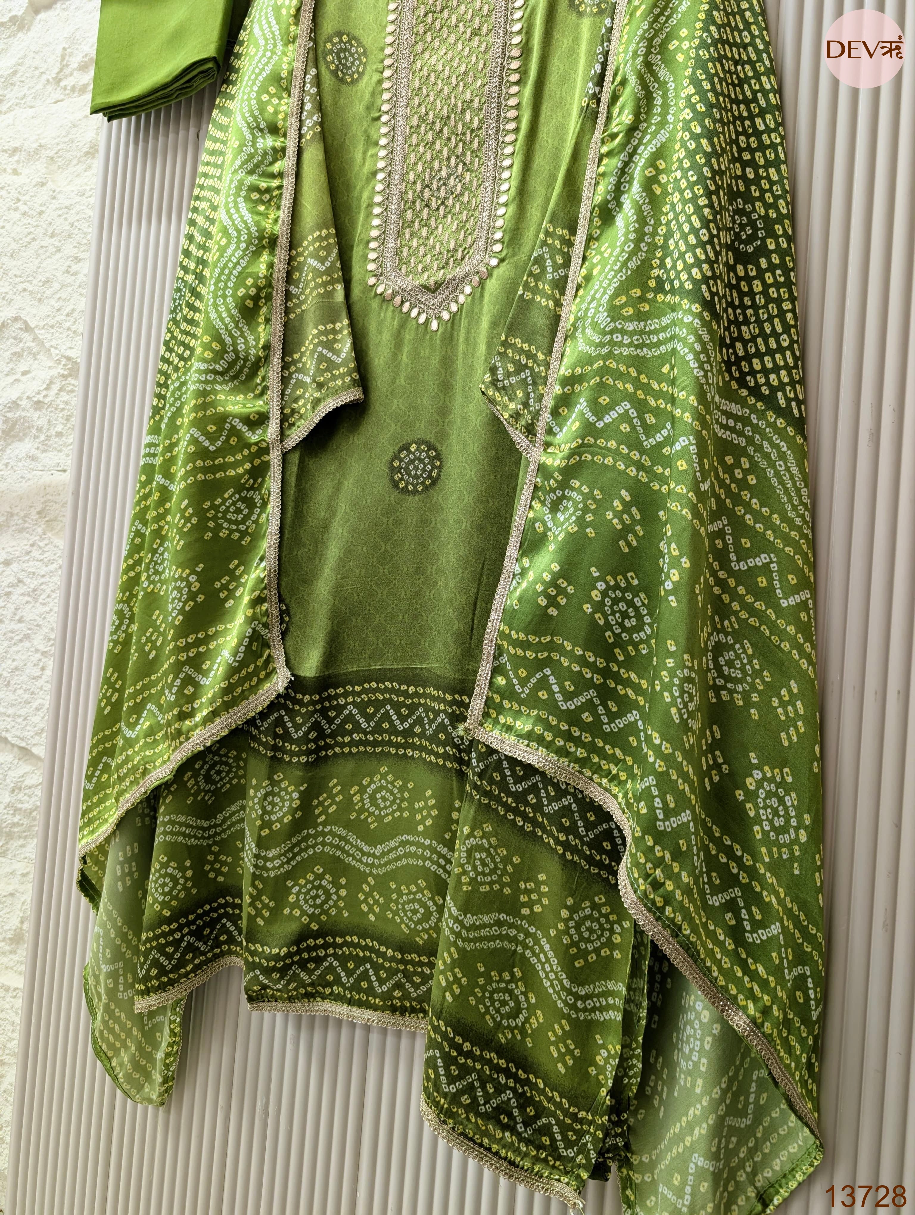 Olive Gajji Silk Printed Unstitched 3-Piece Suit (Devri – D.No 13728)