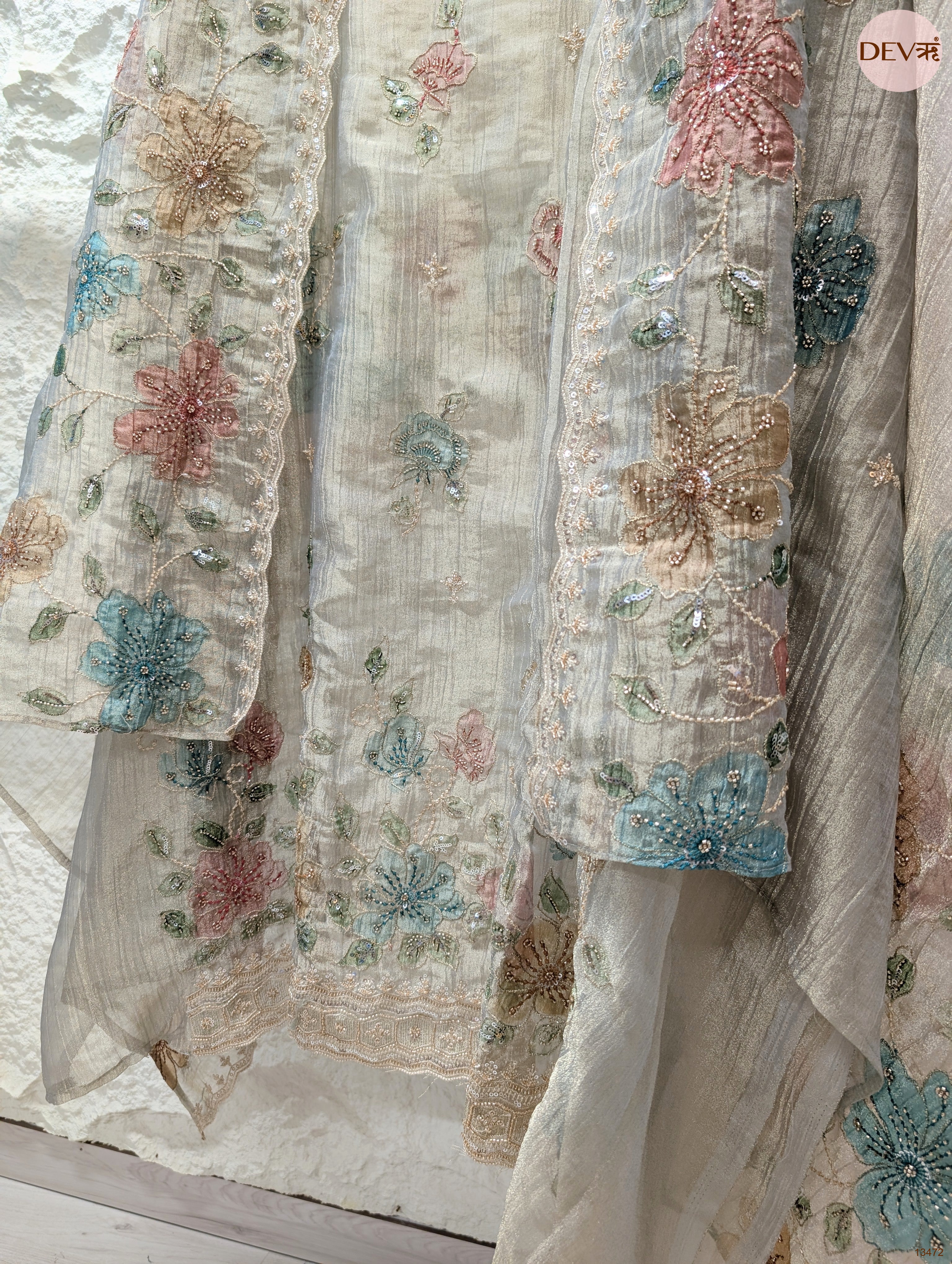 Cream Pure Tissue Crush Silk Embroidered Unstitched 3-Piece Suit (Devri – D.No 13472)