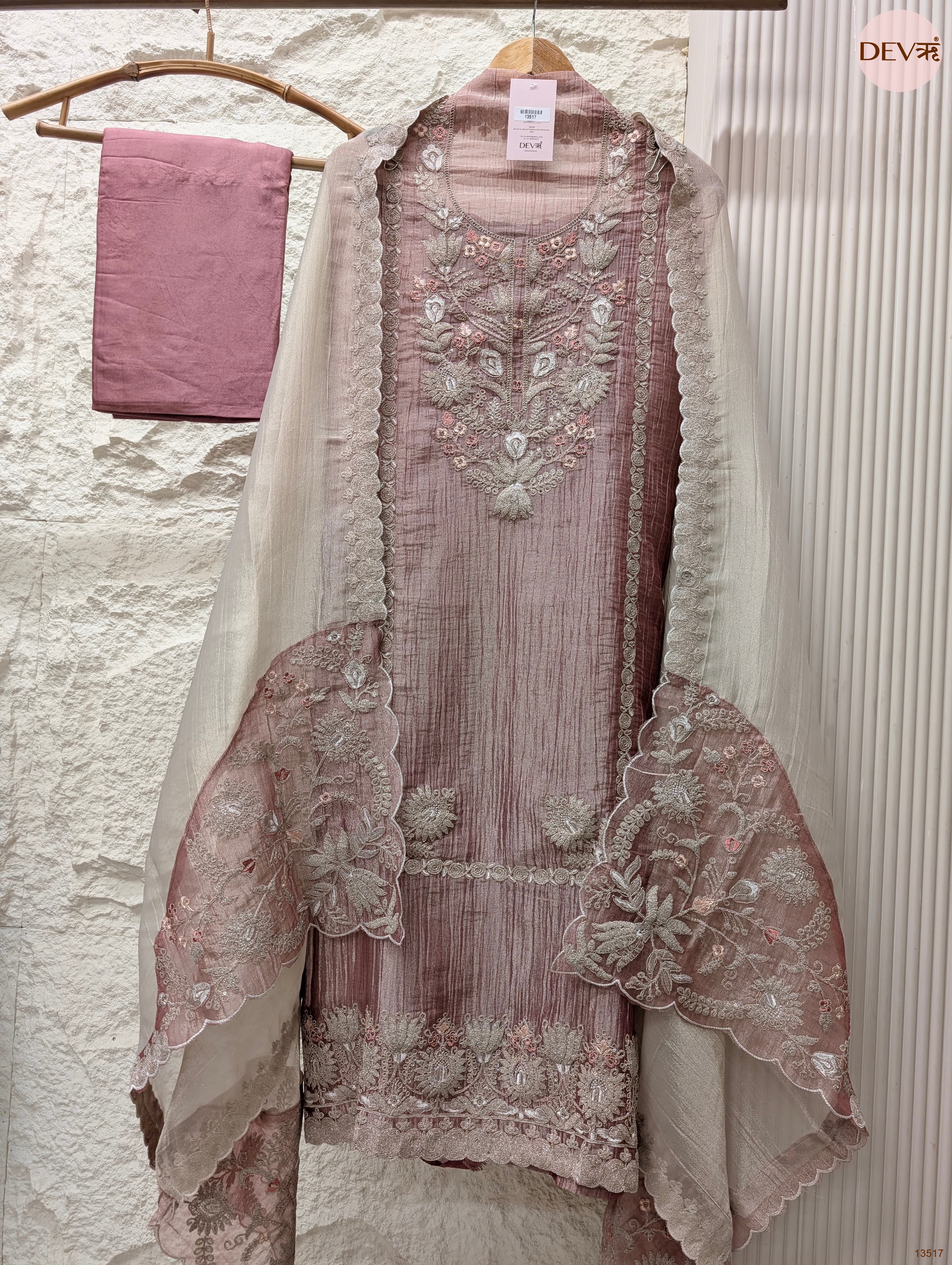 Pink Tissue Silk Embroidered Unstitched 3-Piece Suit (Devri – D.No 13517)